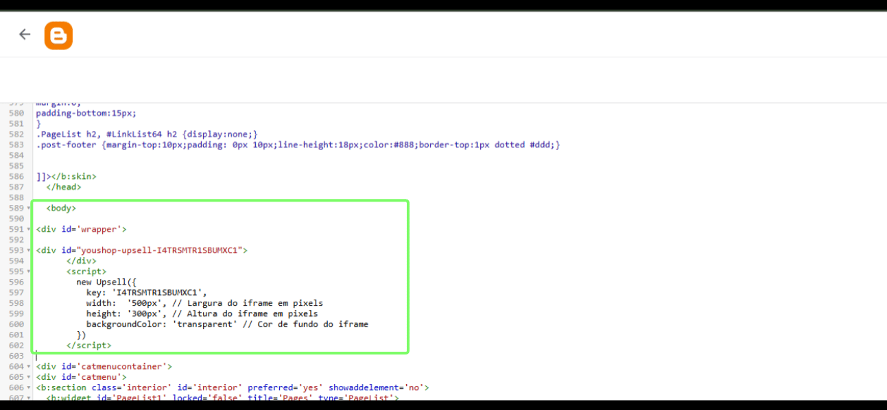 Depois disso, adicione o script que você copiou na opção “Pré-visualizar HTML” dentro da tag <body> do seu site, no local exato onde deseja que os botões de upsell sejam exibidos.