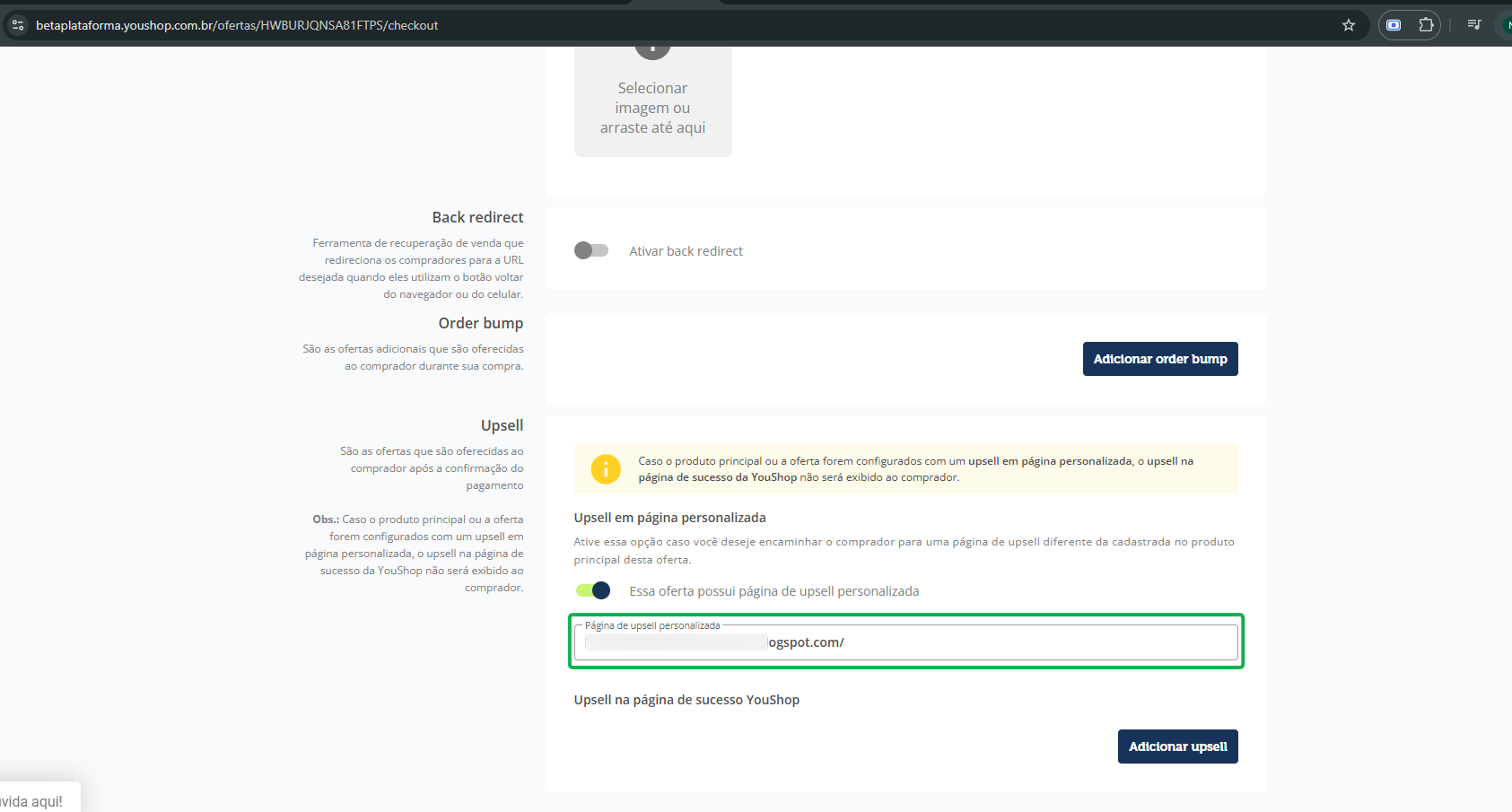 Na sua oferta > checkout, você adicionará o seu upsell externo, conforme mostra a imagem.