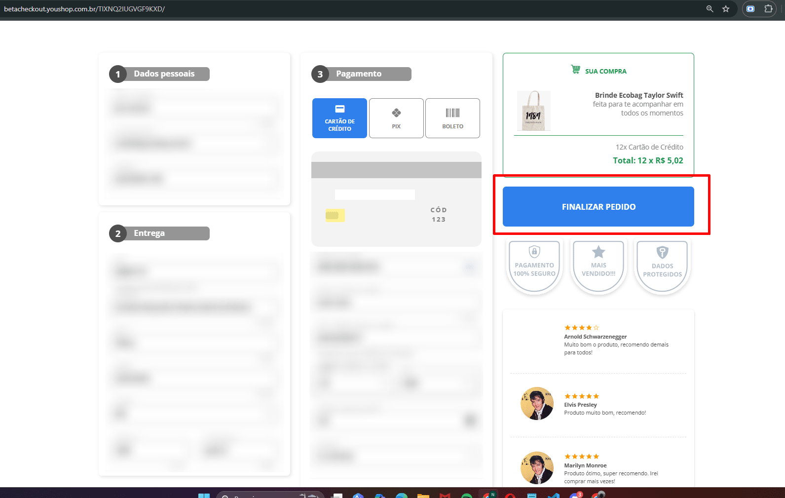 Ao preencher o checkout e finalizar a compra, você será redirecionado ao upsell externo.
