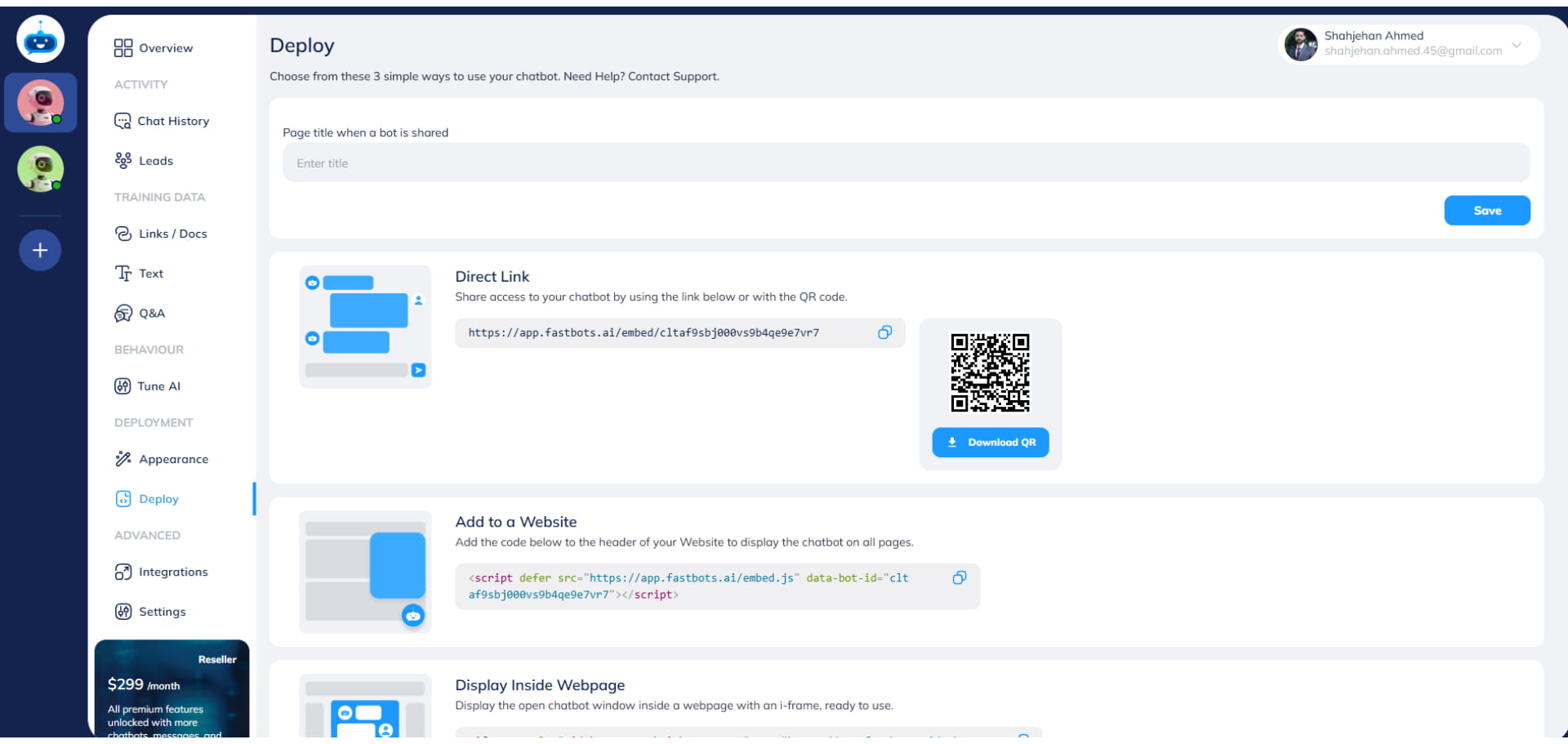 Open your chatbot and click on the "Deploy" button to open this page.