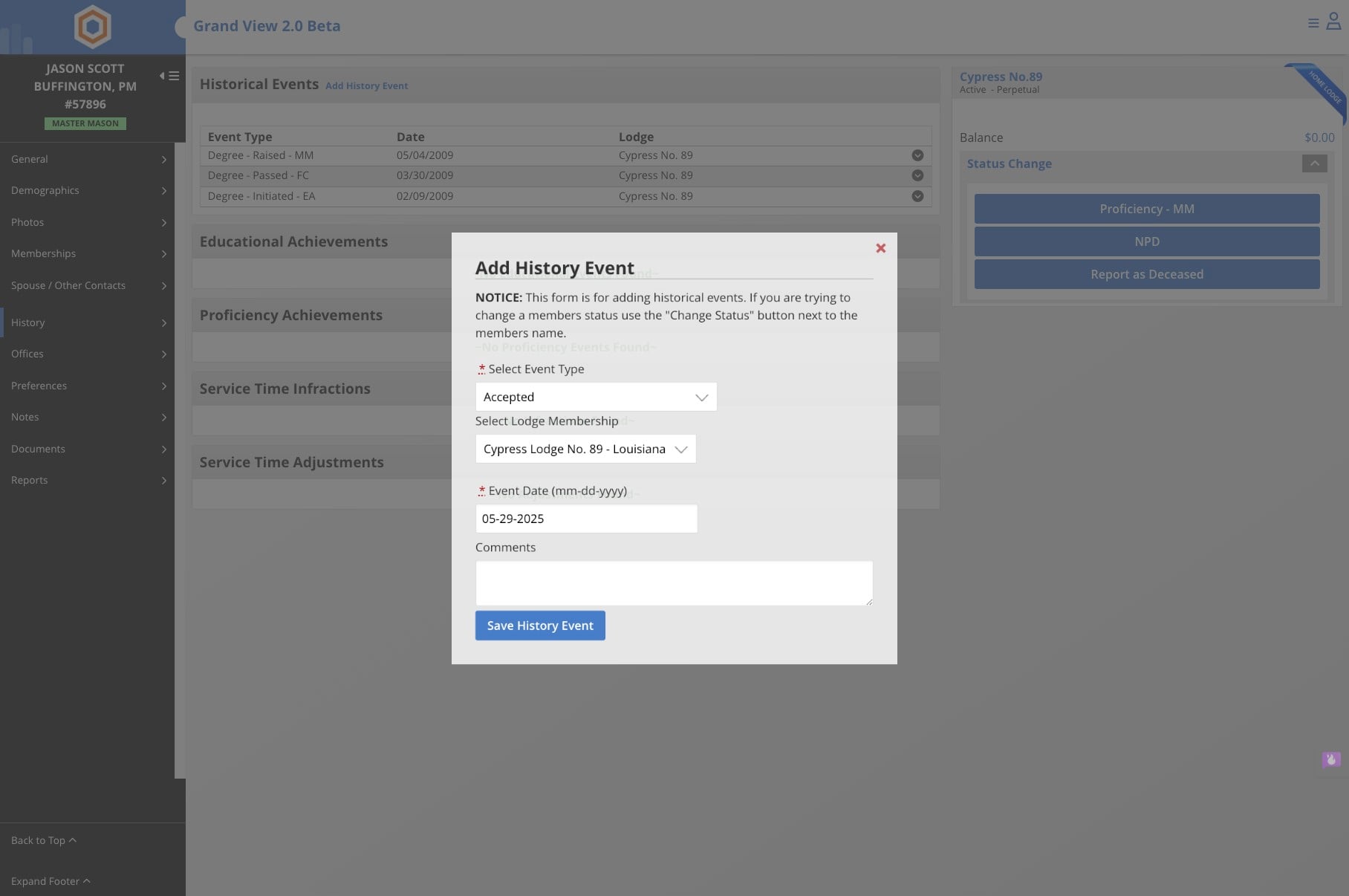 Click on 'Select Event Type'. Choose the Event Type from the dropdown menu, select the appropriate Lodge if needed, and enter the date when the event took place.

Note: The system automatically sets today's date, so be sure to verify and update this if the event occurred on a different date.