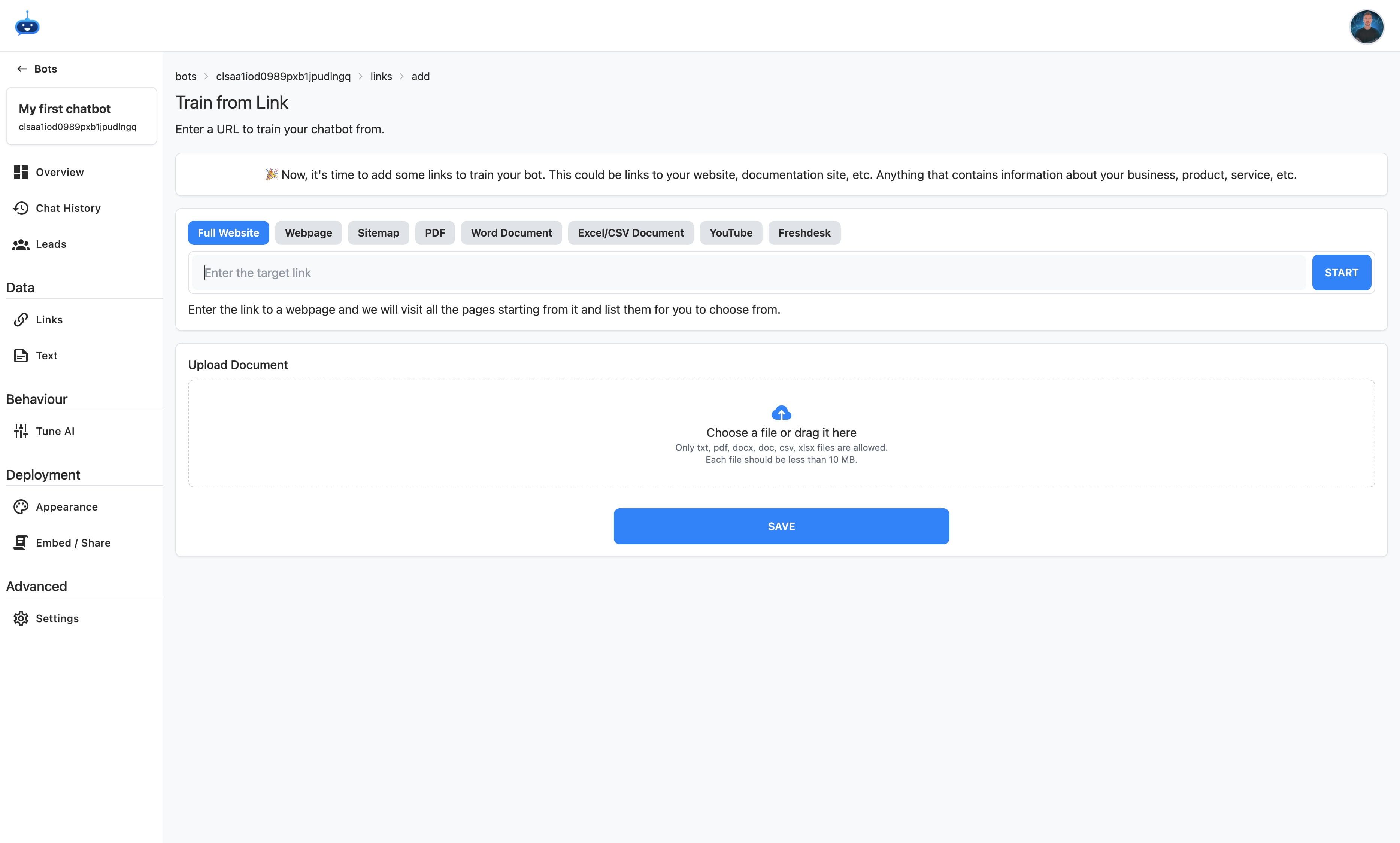 Choose the data you want to import into the chatbot to train it with.