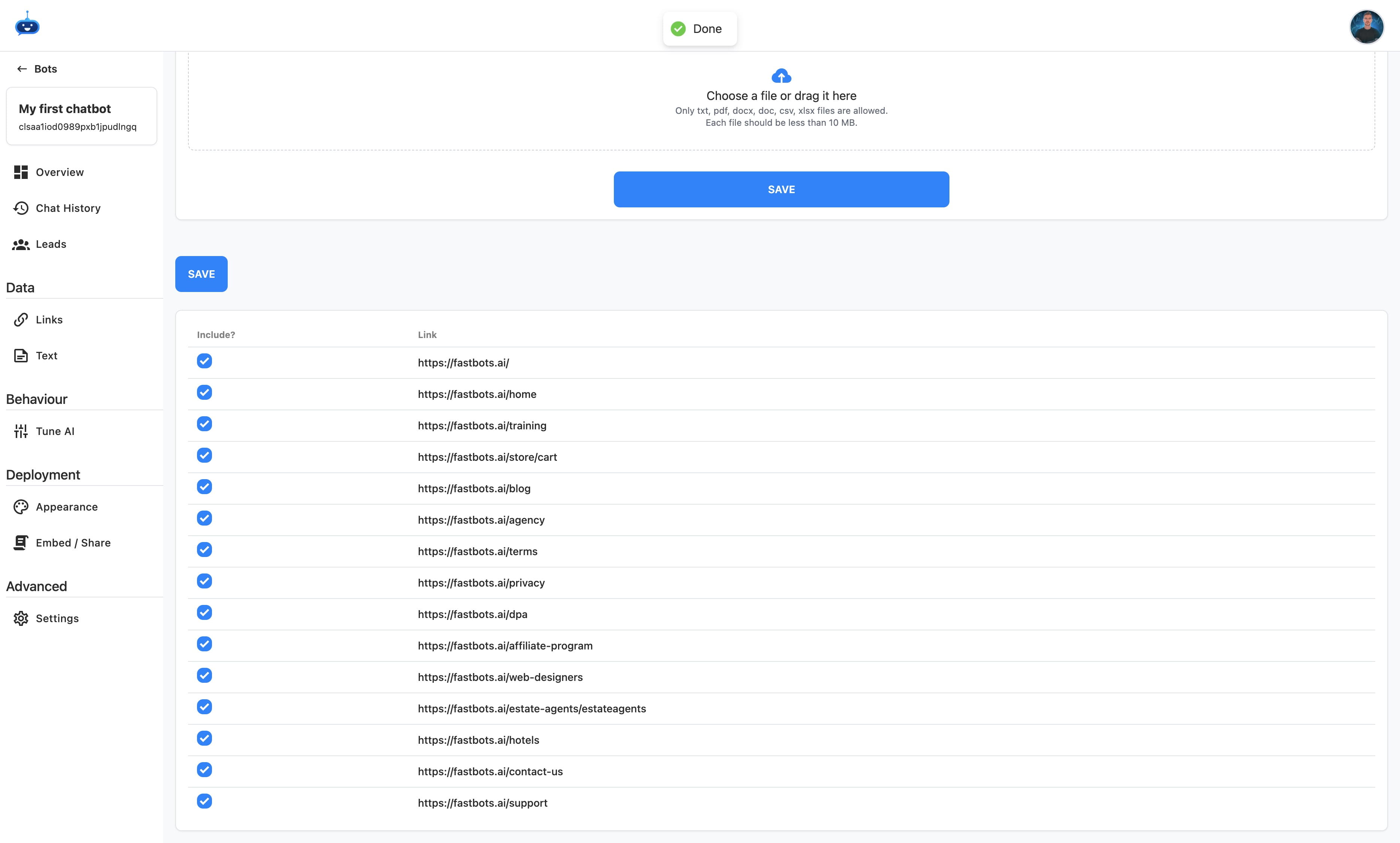 Deselect any links you don't need to be imported inot the chtabots data source.