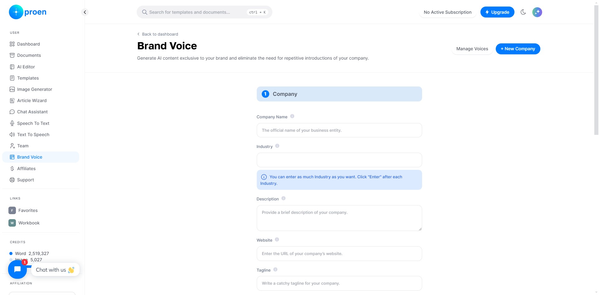 Enter the name of the organization/company you wish to create a brand voice for