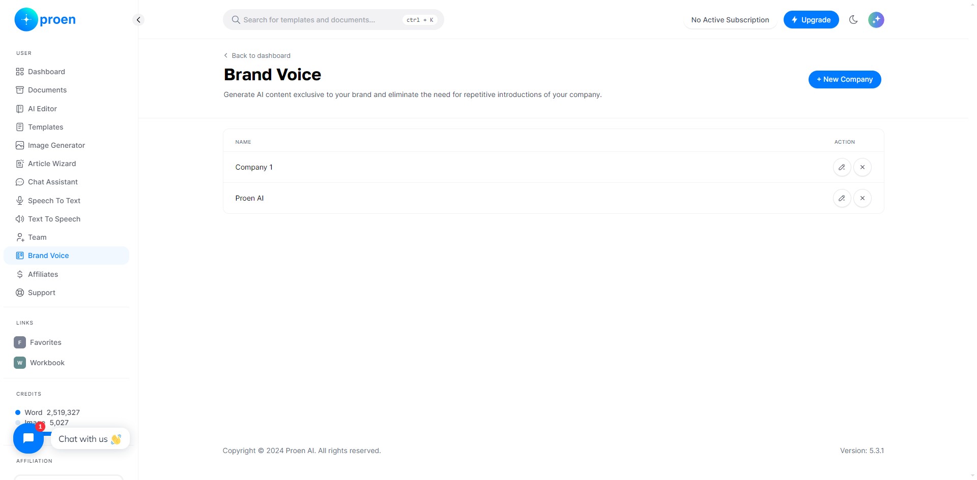 Click on the delete icon to delete an existing brand voice. You will be prompted to confirm before it is permanently deleted.
