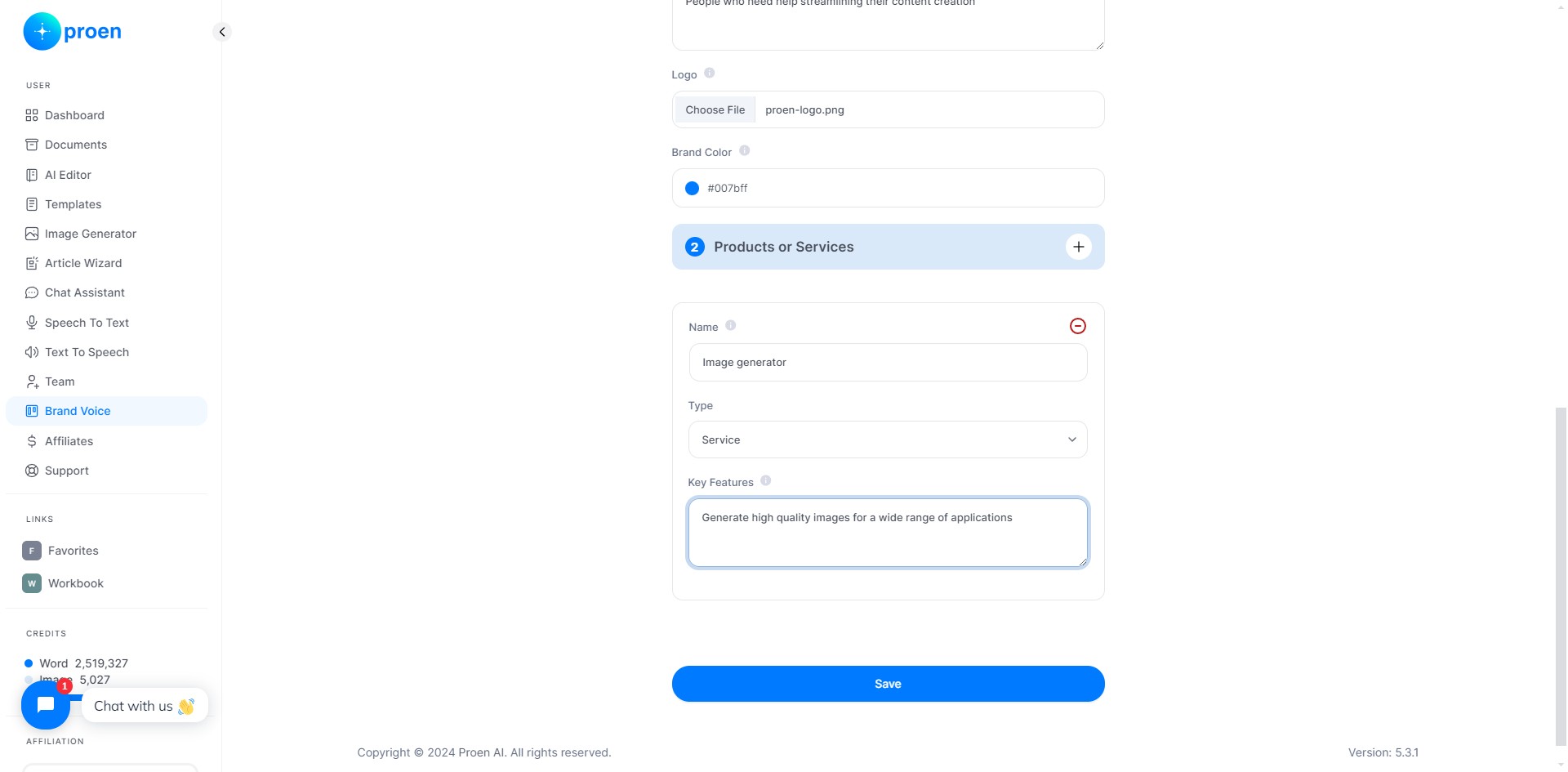 Click "+" to add an another product/service to your brand voice