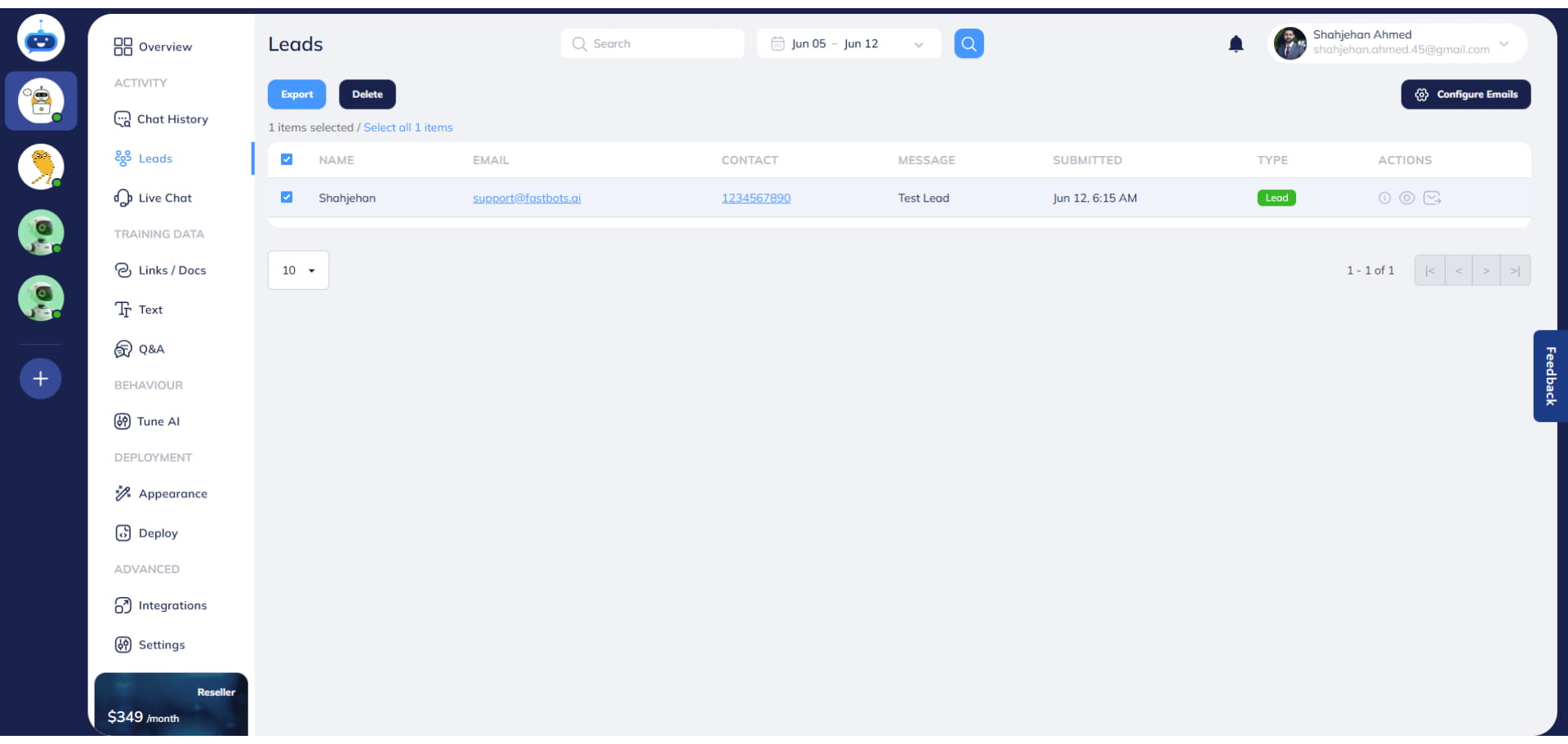 If you want to export the lead information in a document, select the lead by clicking on the checkbox and click on the "Export" button. It will export the lead in a PDF.
