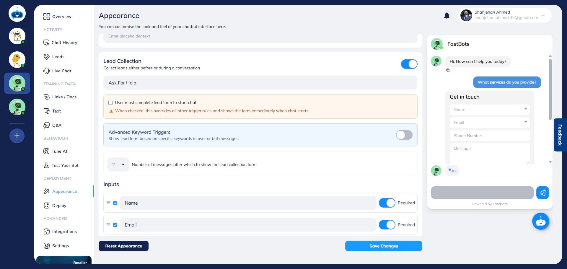 If you want to show the form to all users before they can start the chat, please select this option. If you select this option, users won't be able to interact with the bot until they fill out and submit the form.