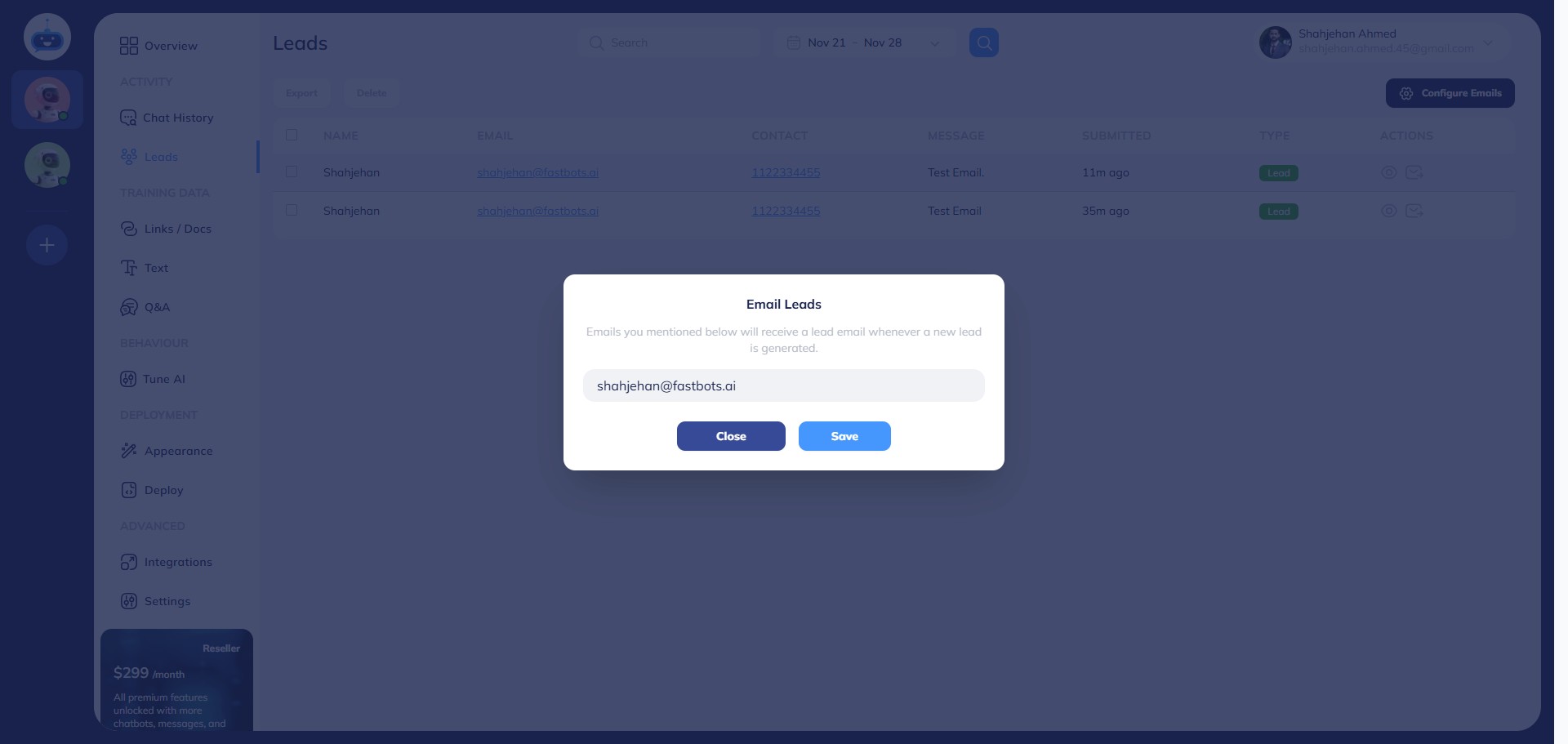 Add your email here. If you want to receive the leads to multiple emails, just separate your emails with a comma.