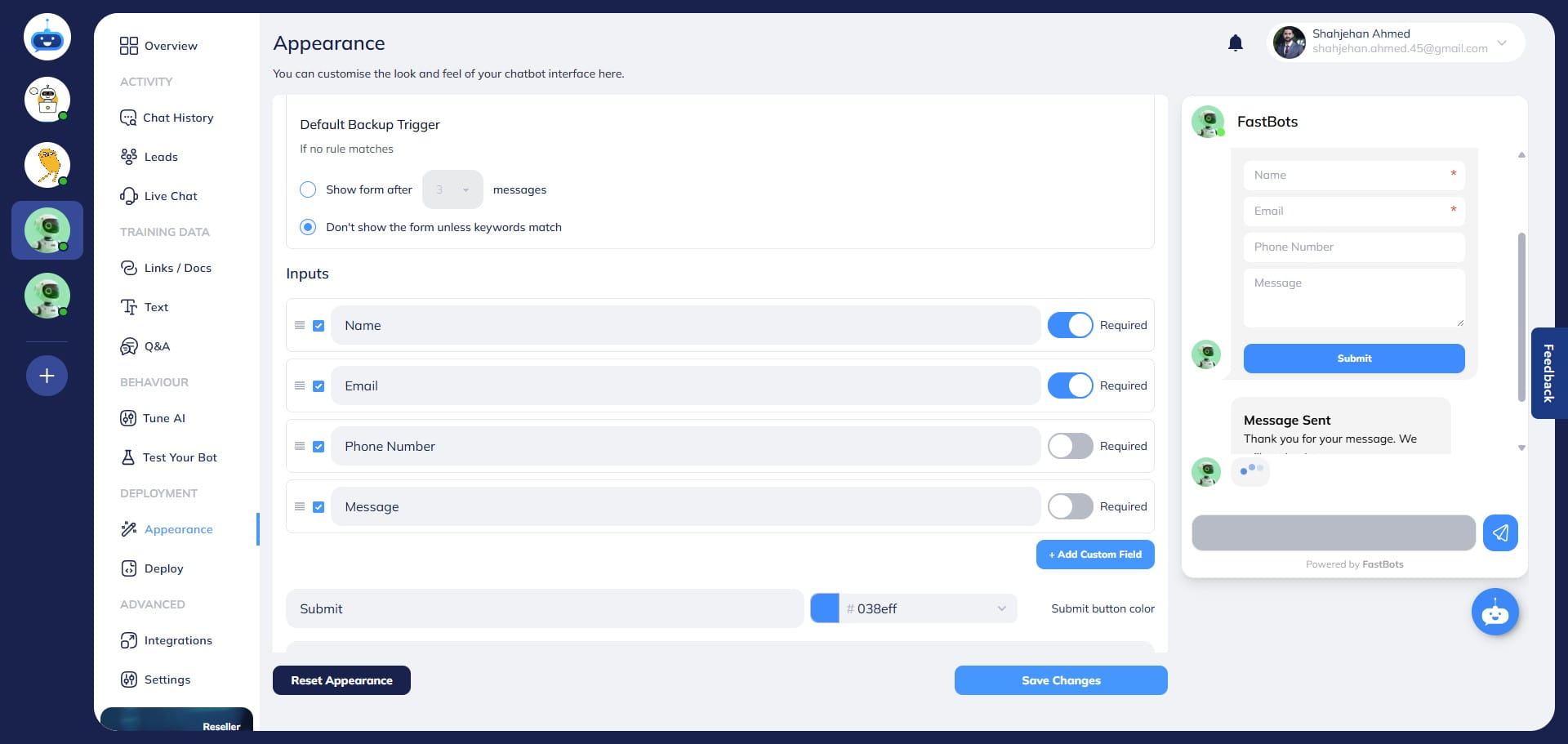 You can also choose if a field is "Required" to fill the lead collection form or if is it optional. If it's optional, you can keep the "Required" button off, otherwise turn it on.