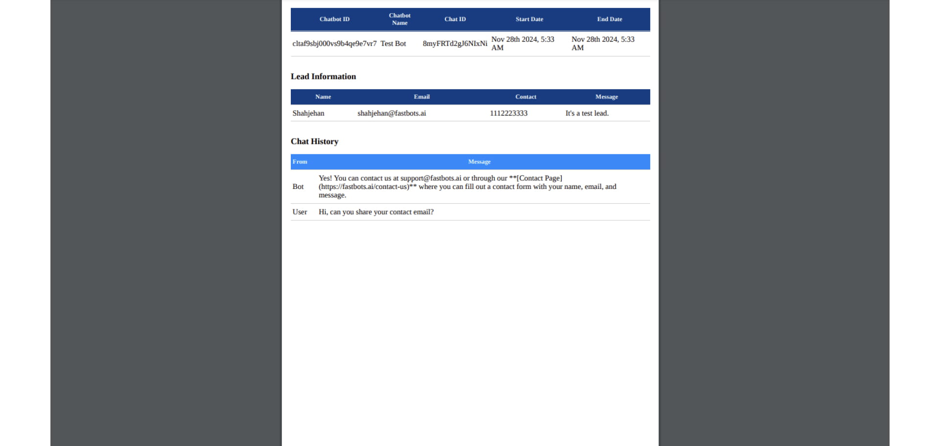 This is the pdf format. You can see all the details of the lead. Below the lead information, you will find the chat history.