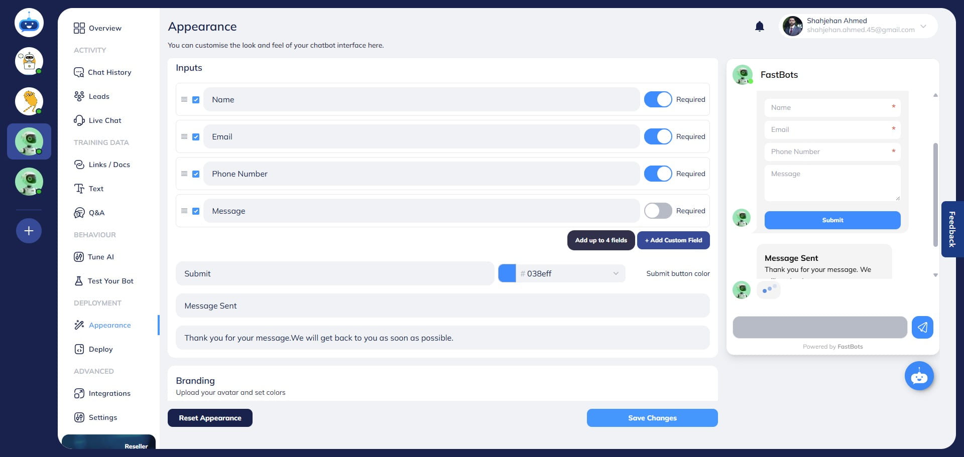 You can also customize the form further and add more than 4 fields if required. You can add up to 4 extra fields to the lead collection form. To add a new field, click on the "+ Add Custom Field" button.