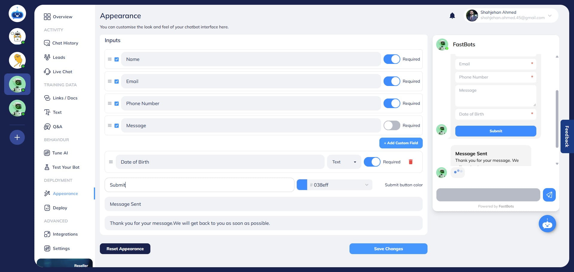 You can also change the submit button name. For example, if you want it to be "Send Message", you can just type it in the "Submit Button Text" area.