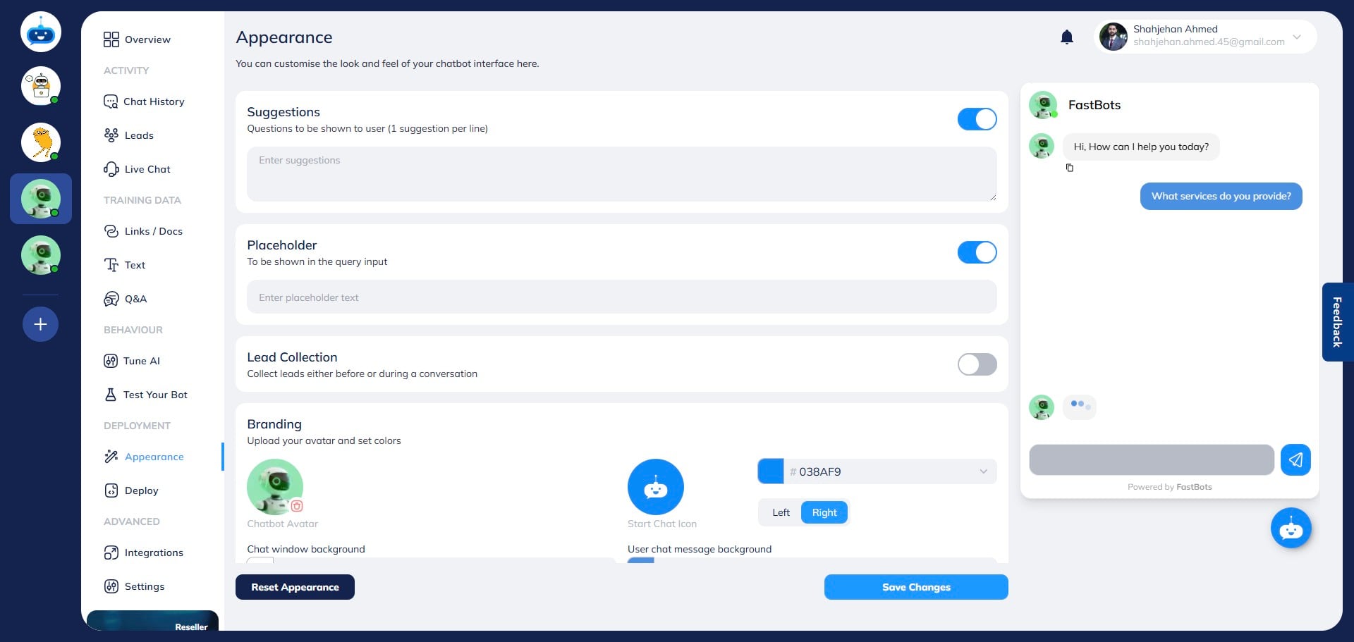 Scroll down on the "Appearance" page and turn on the "Lead Collection" button. Turn on the toggle.