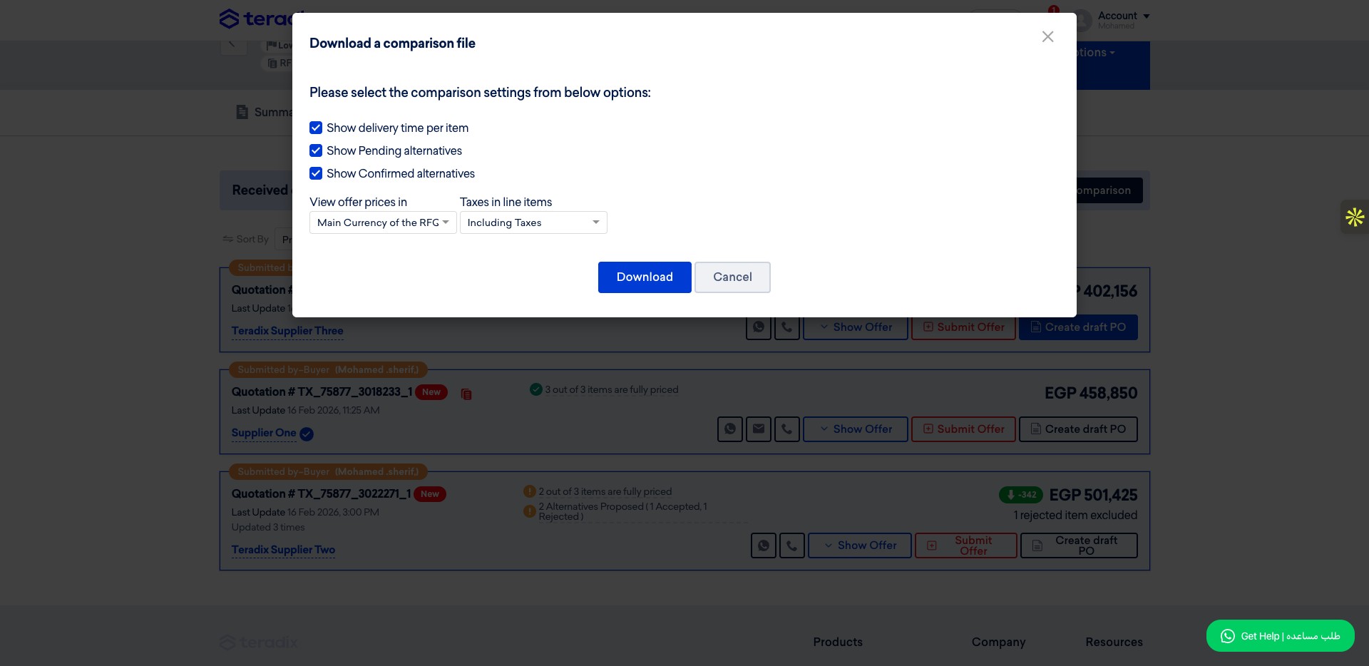 You can hide certain fields (delivery time per item, alternatives pending or confirmed), select the currency, and choose whether to include taxes.