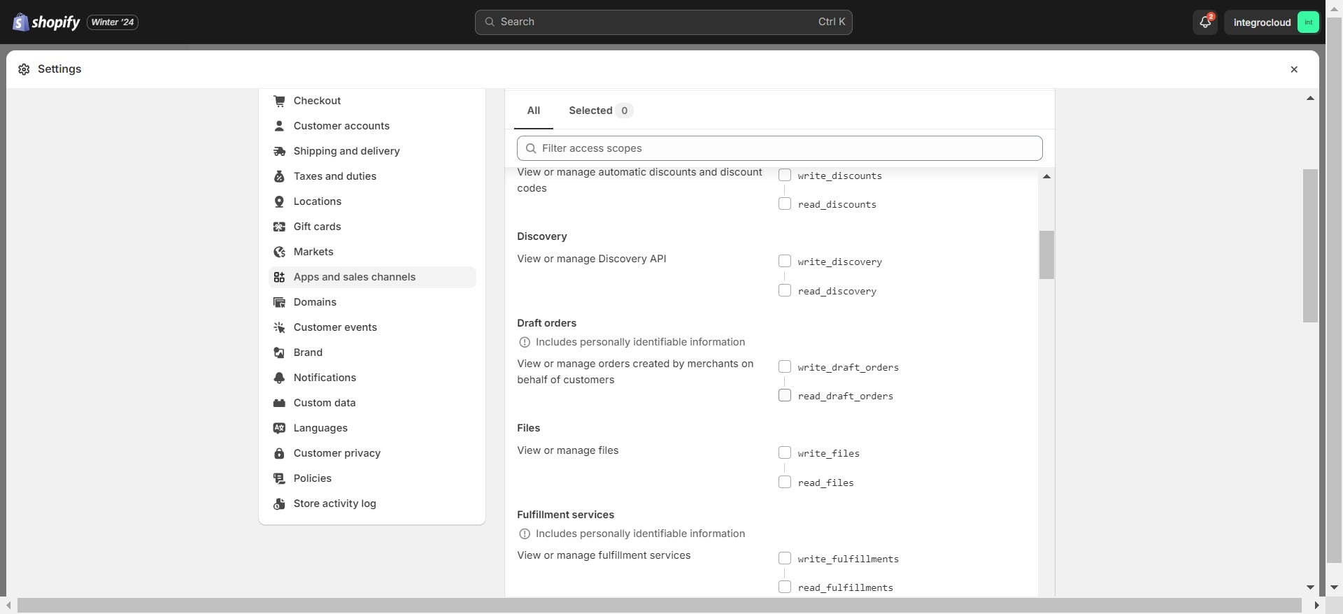 **Add these scopes (recommended):**

read_draft_orders, write_draft_orders, read_fulfillments, read_locations, read_order_edits, write_order_edits, write_orders, read_orders, read_payment_terms, read_products, write_returns, read_returns, write_merchant_managed_fulfillment_orders, read_merchant_managed_fulfillment_orders