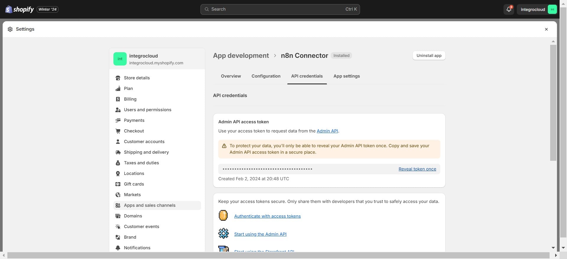 Click on "Reveal token once" & copy token