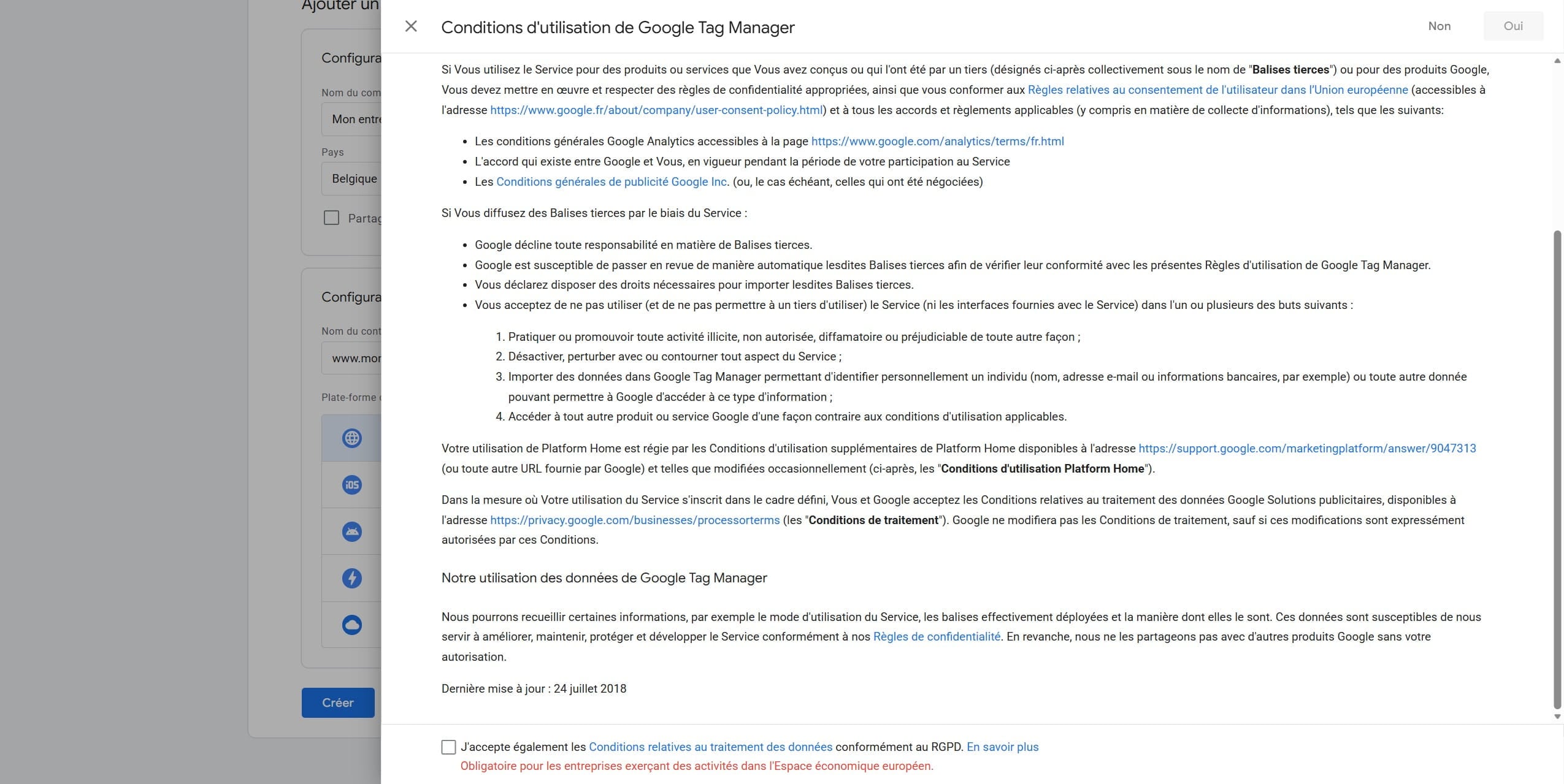 Acceptez les conditions d’utilisation de Google Tag Manager pour finaliser la création du compte.