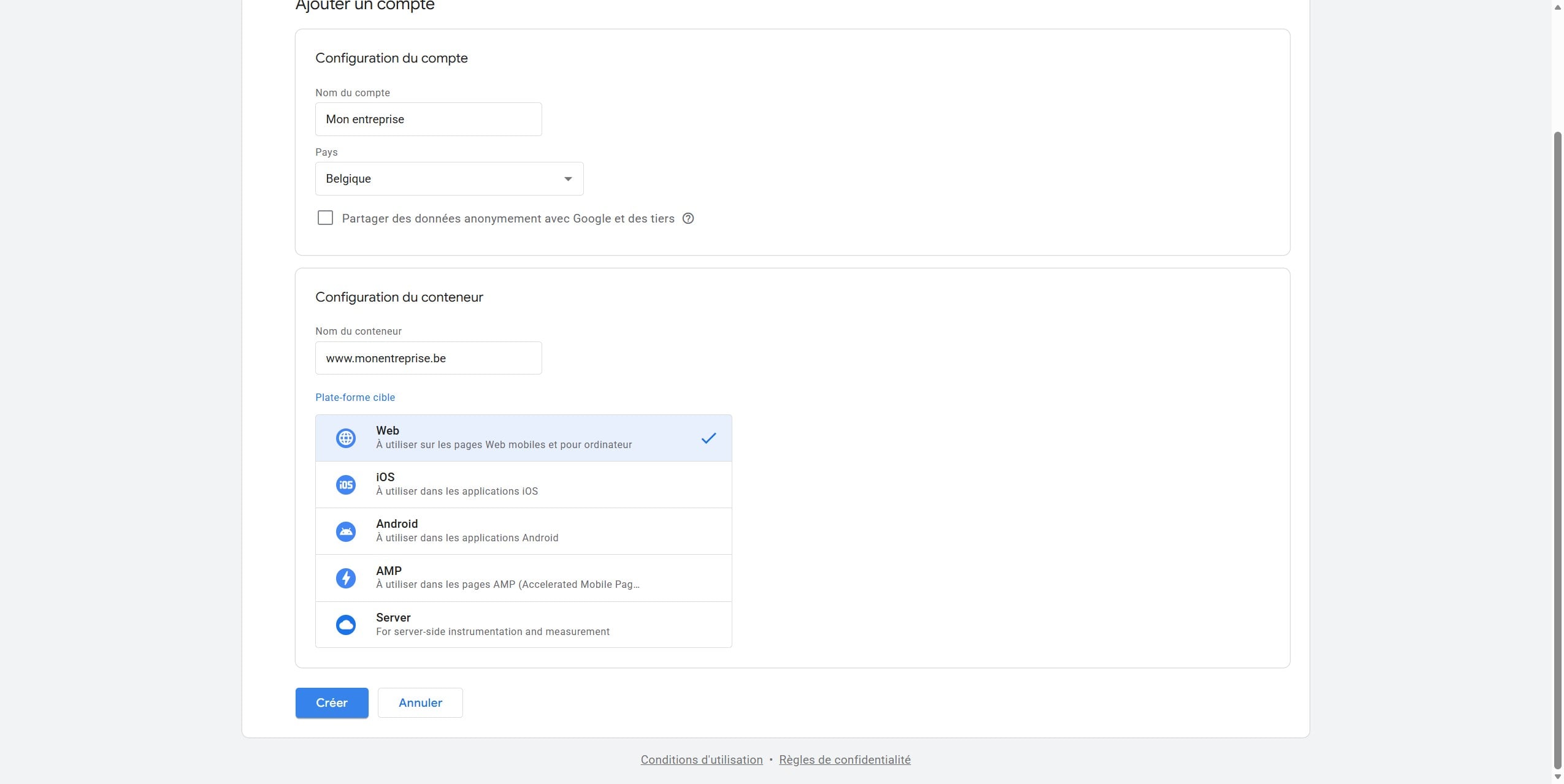 Cliquez sur “Créer” pour finaliser la création de votre compte.
