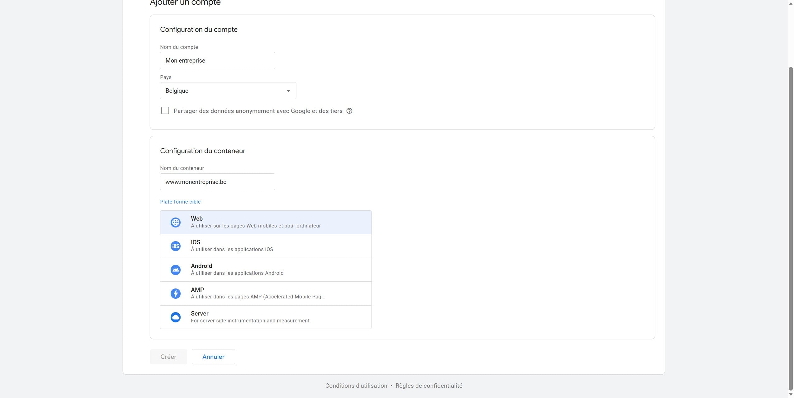 Sélectionnez “Web” comme plateforme cible.
‎
**Cette procédure concerne uniquement les sites web et les applications web.**
💡 *Pour les applications mobiles (iOS ou Android), l’intégration nécessite une configuration spécifique via Firebase et l’intervention d’un développeur.*