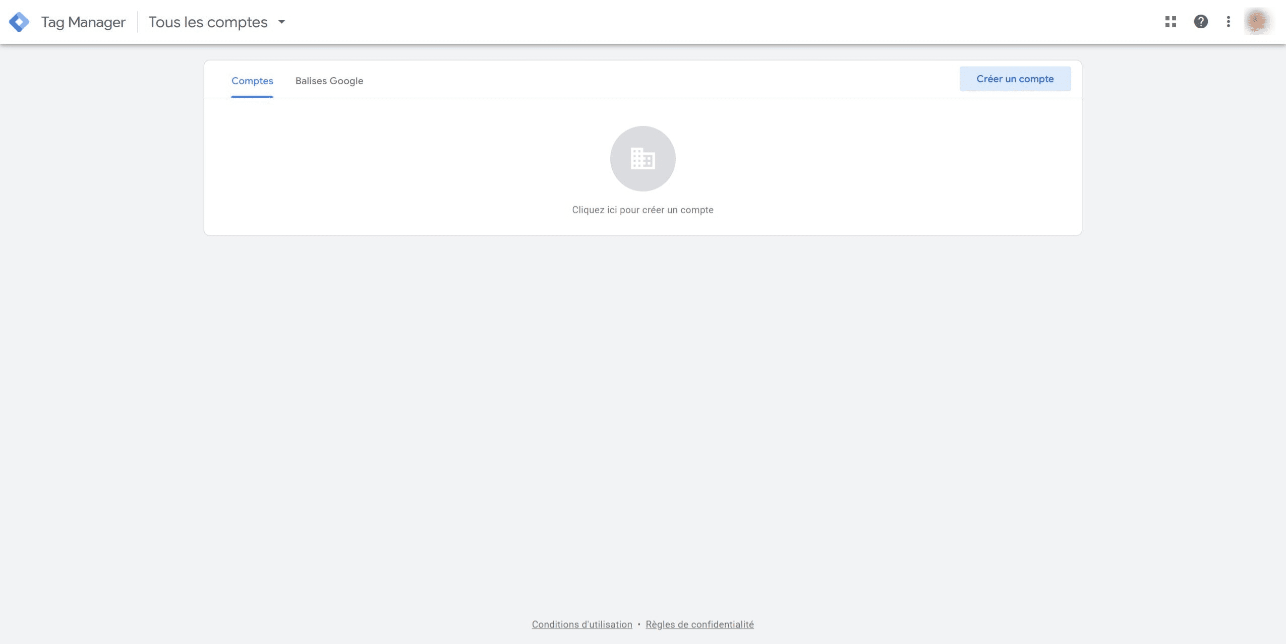 Sur la page Google Tag Manager, cliquez sur “Créer un compte”.