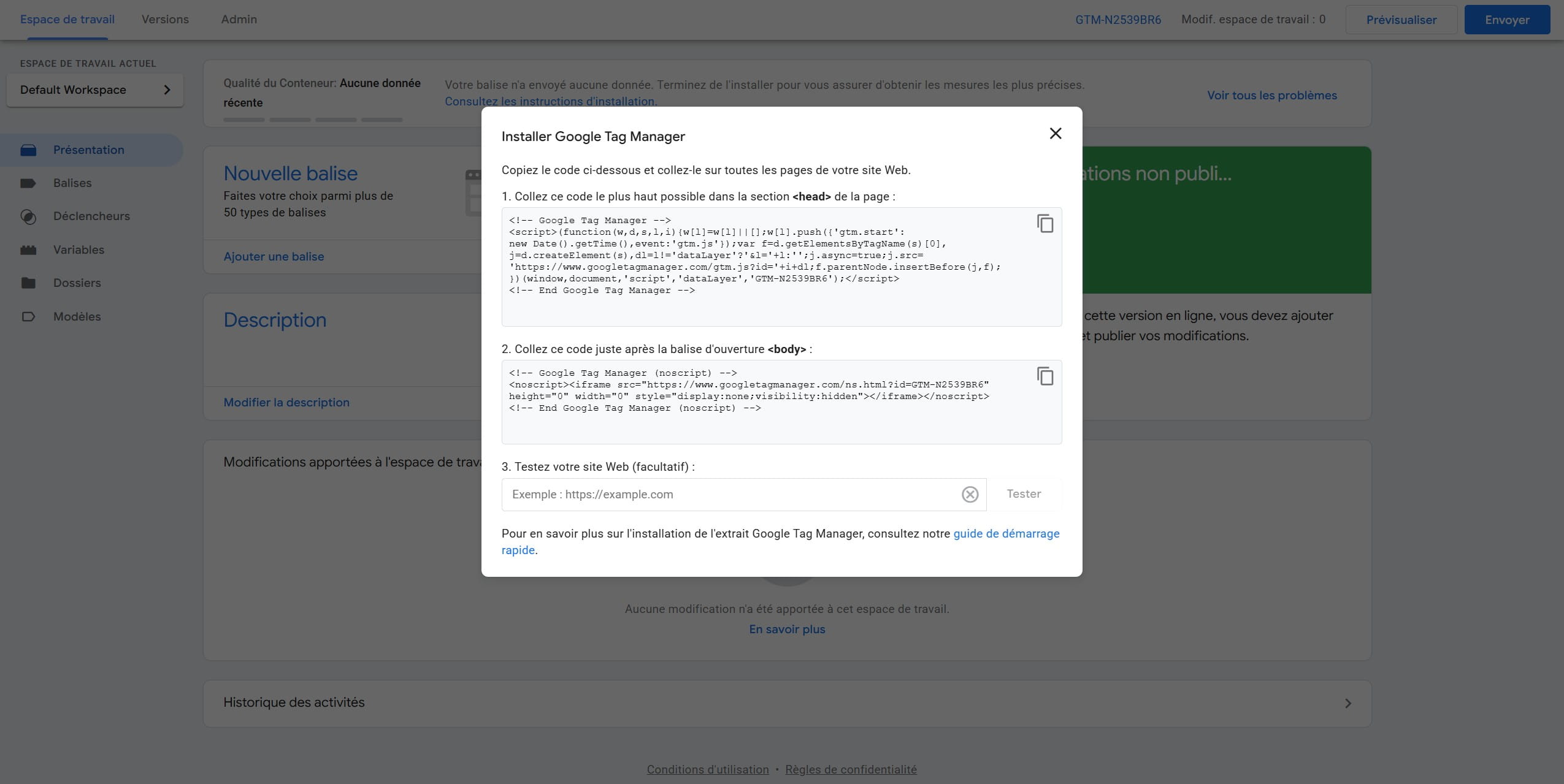 Votre compte Google Tag Manager est maintenant configuré. Notre équipe se chargera de l’intégration.