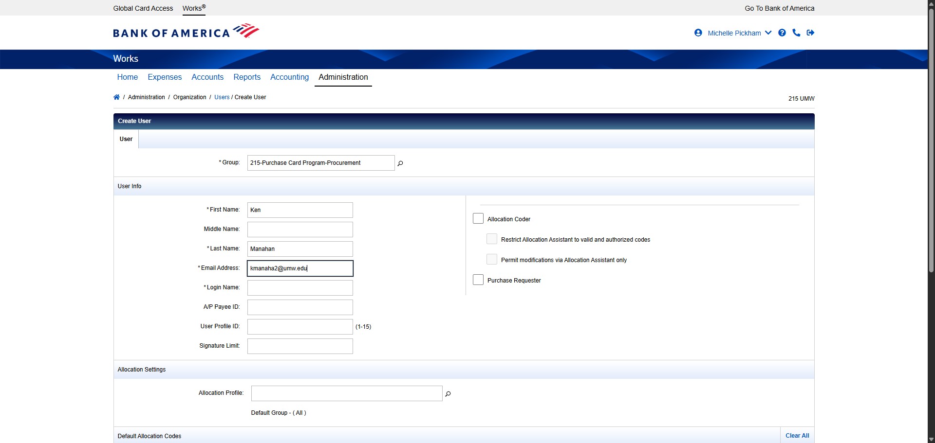 Create the Approver's Login Name using the formula umw+netID. In this case, the netID for Ken Manahan is kmanaha2, so the Login Name would be umwkmanaha2.