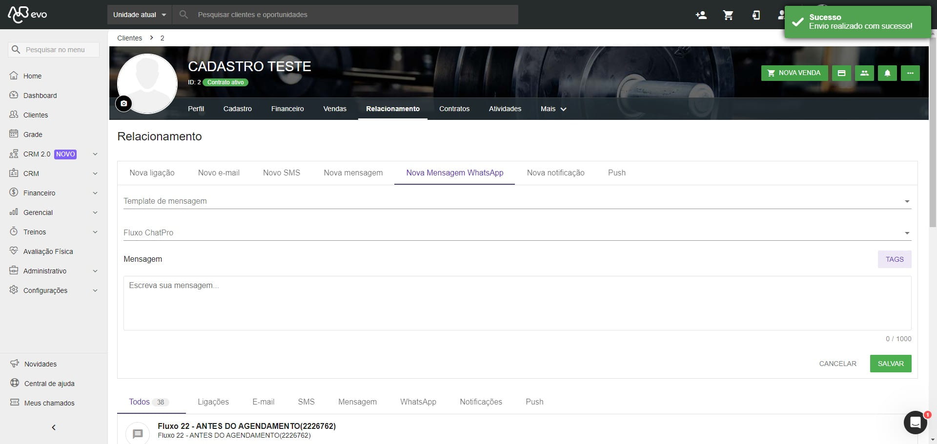 Click on "Envio realizado com sucesso!"