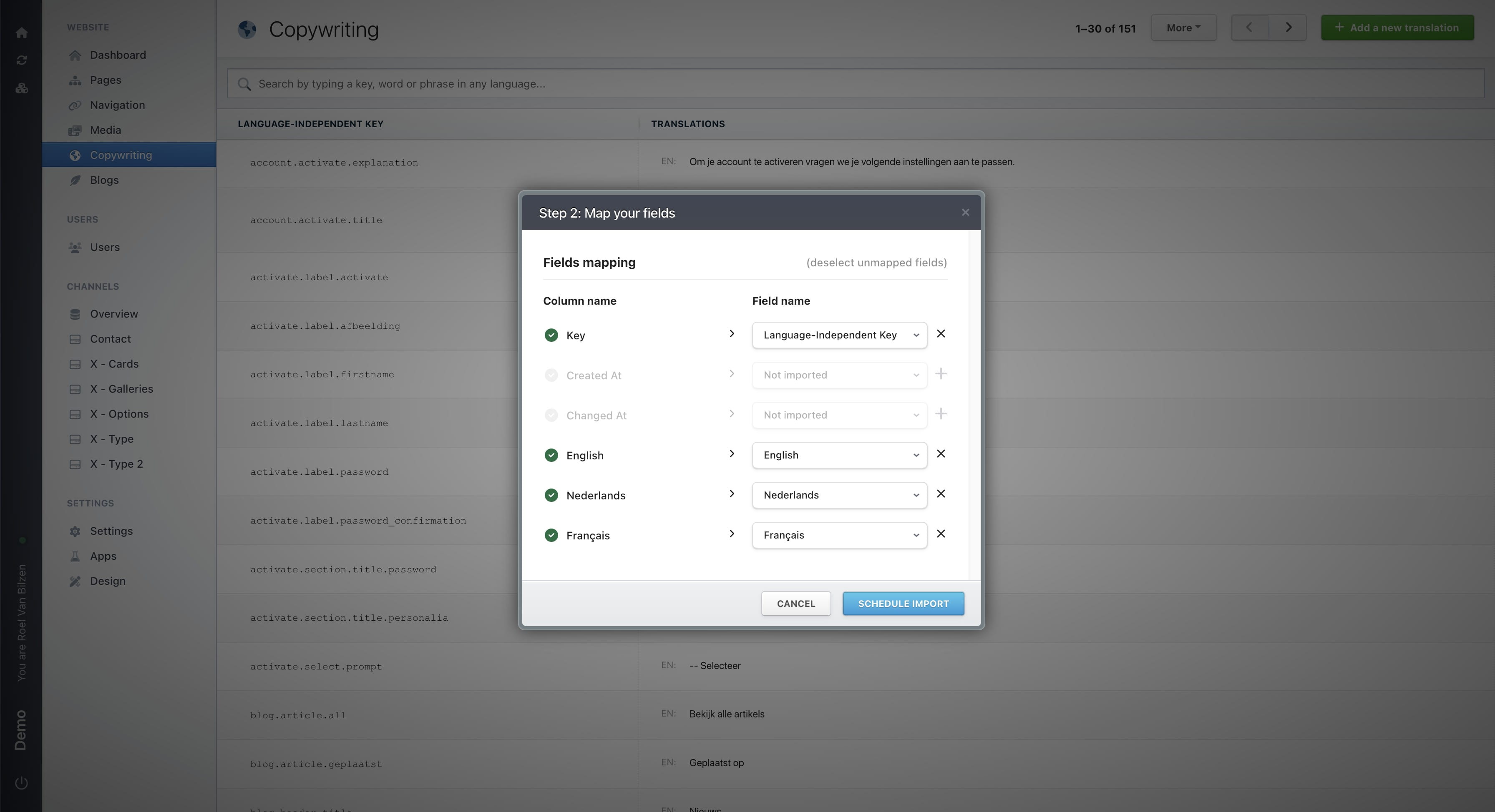Click "Schedule import" to update all translations based on the excel and the connected columns.