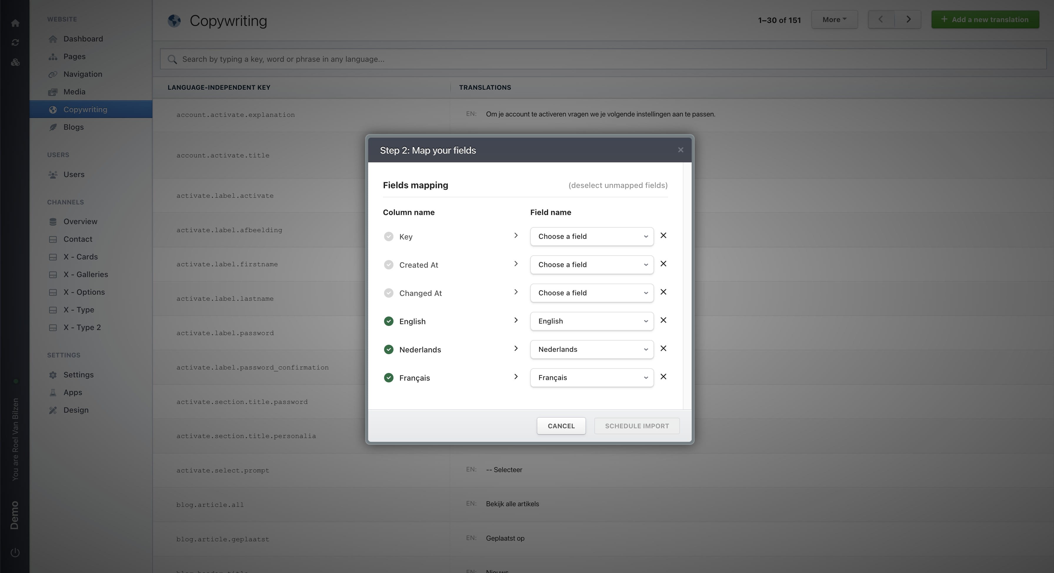 Connect the column name of "Copywriting" to the correct column in the excel file.
"Choose a field" gives a dropdown of all the possible fields.