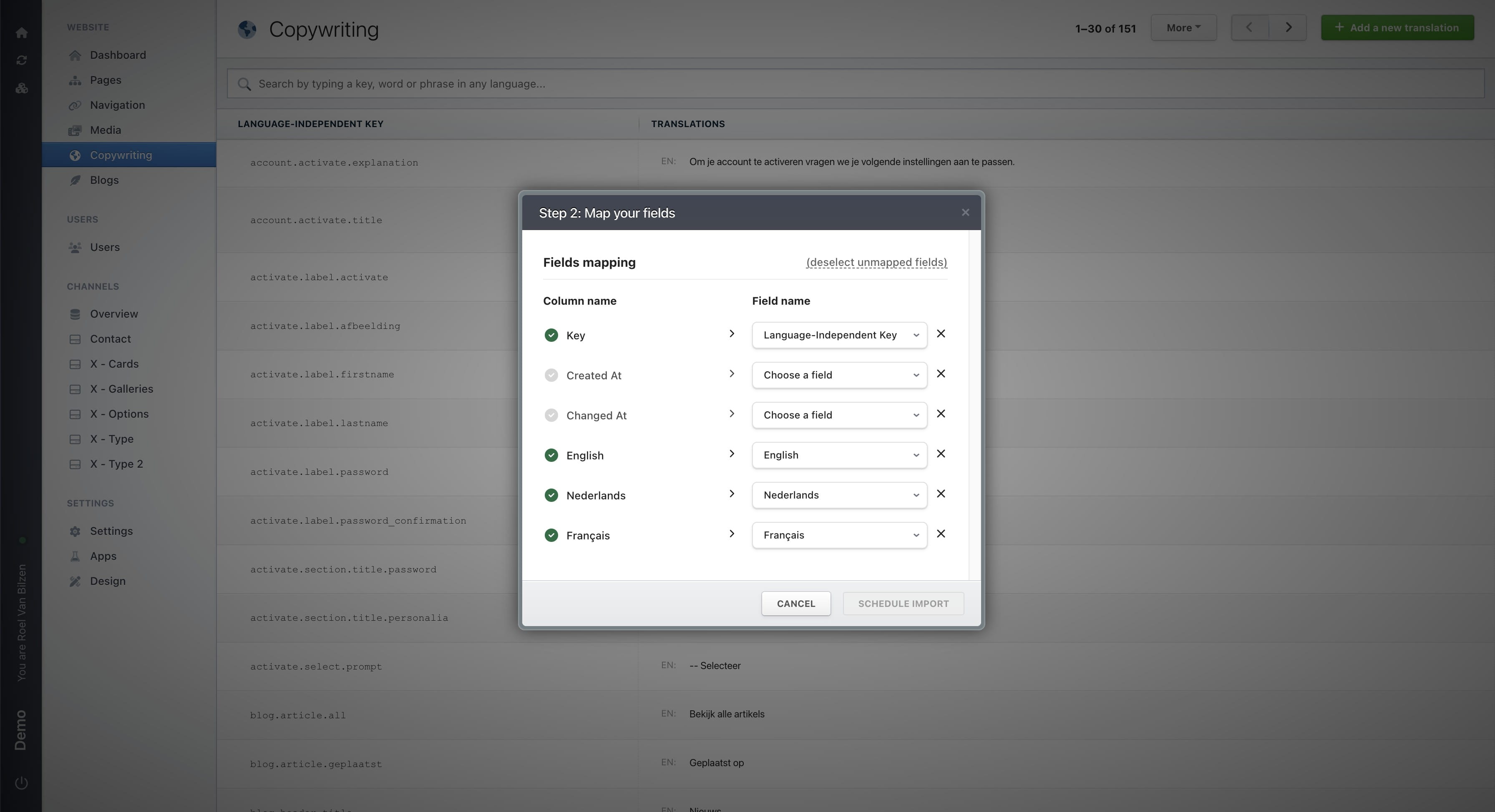 Click on "(deselect unmapped fields)" if all field that are necessary are connected.
It is not needed to connect all different columns.

If you only want to update the English text, you only need to connect the English and Key column. The rest will remain unchanged.

The Key column is needed to find the correct entry to update.