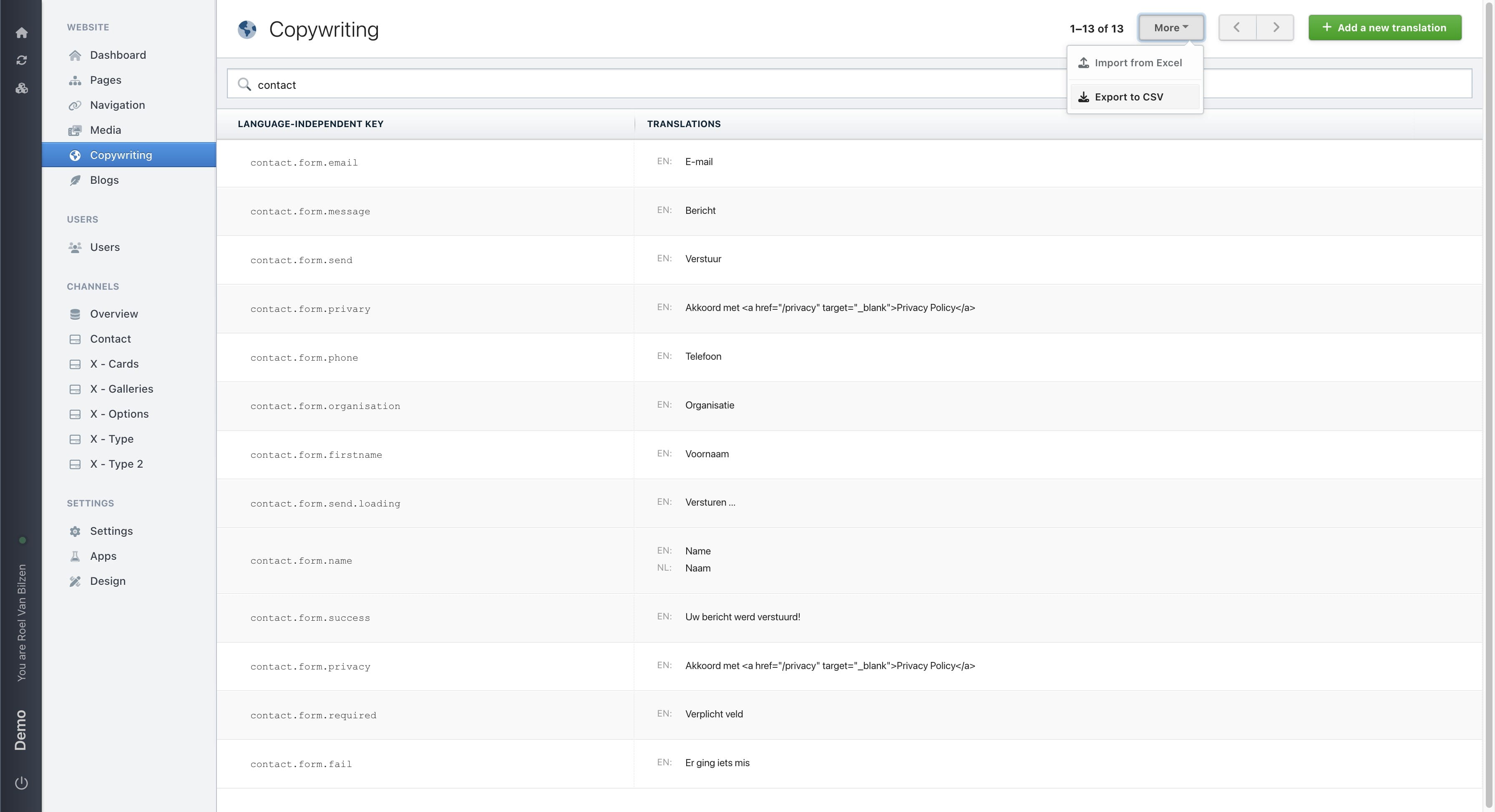 "Export to CSV" will send a mail to you with the csv of all translations.