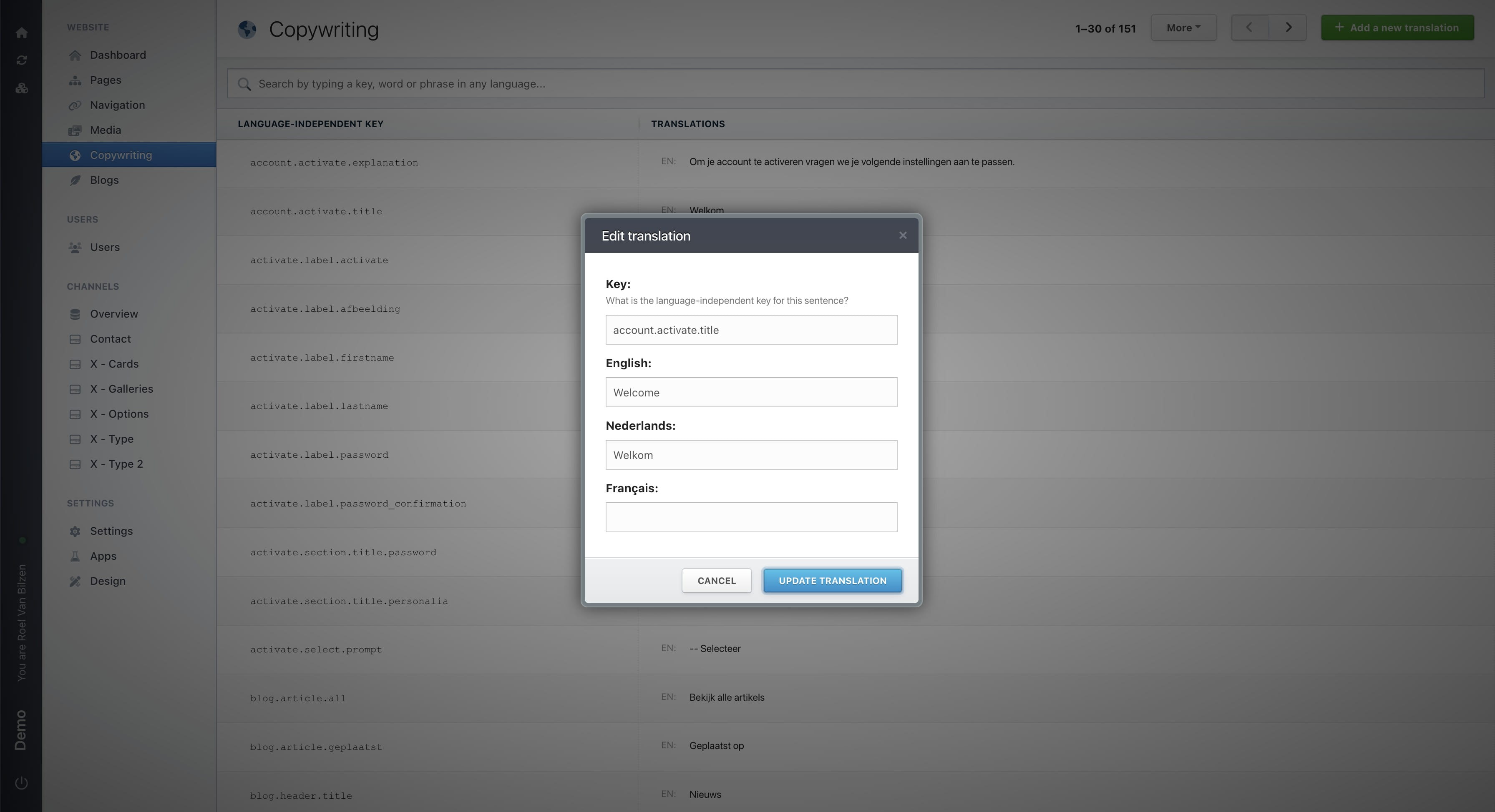 Click "Update translation" to save all changes made.