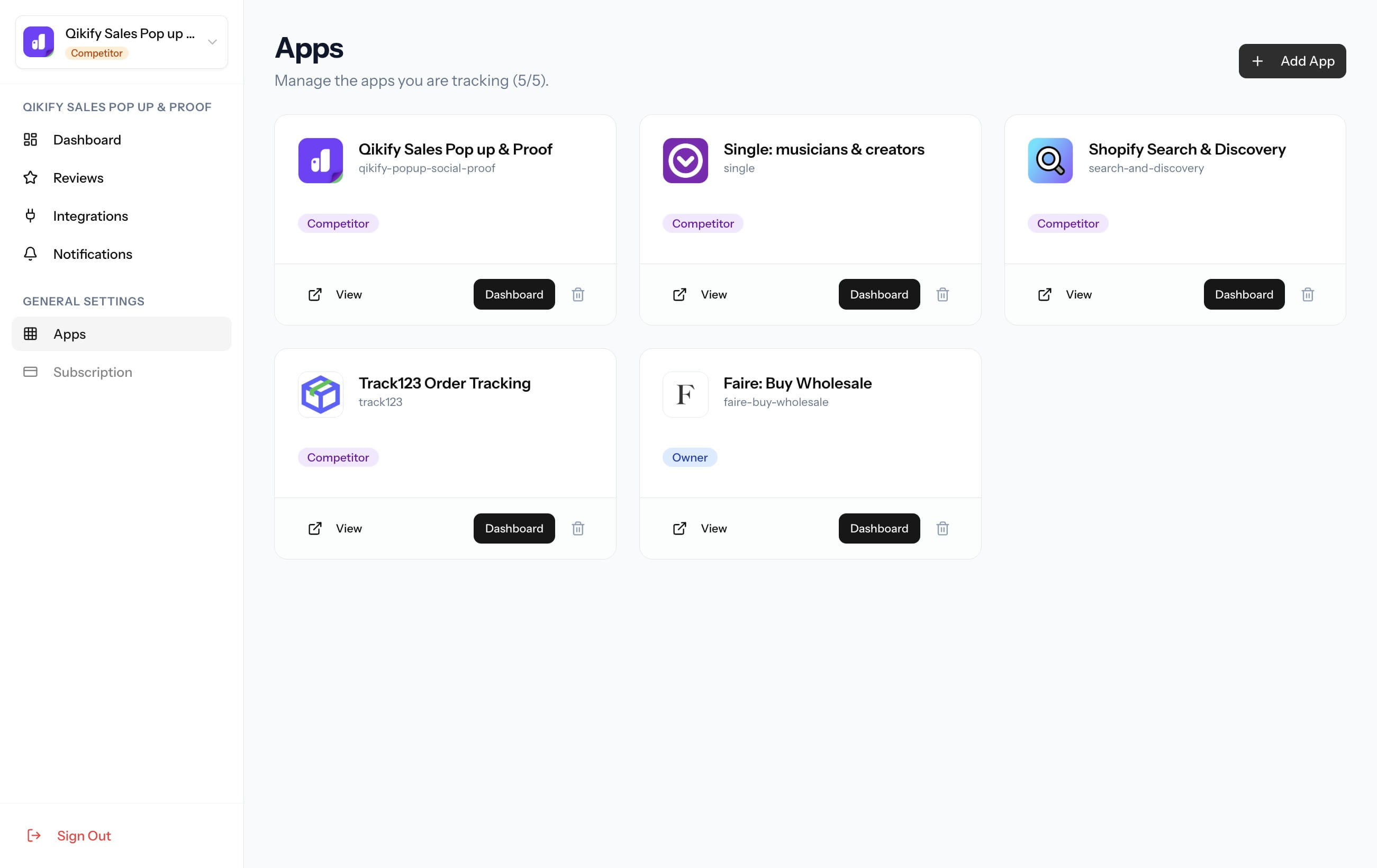 You can add your Shopify apps with two clicks - just click the Add App button in the top right corner.