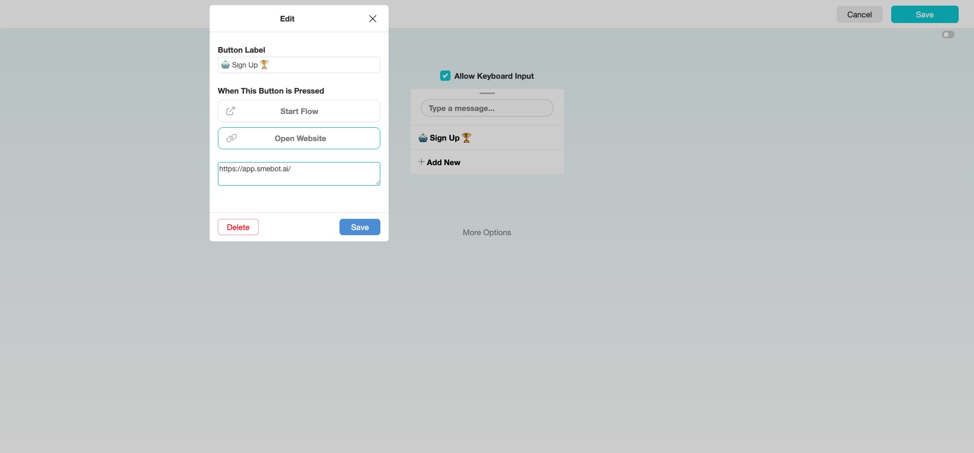 Click "Save" to complete setting up this option, then click "Add New" to add more options to the persistent menu.