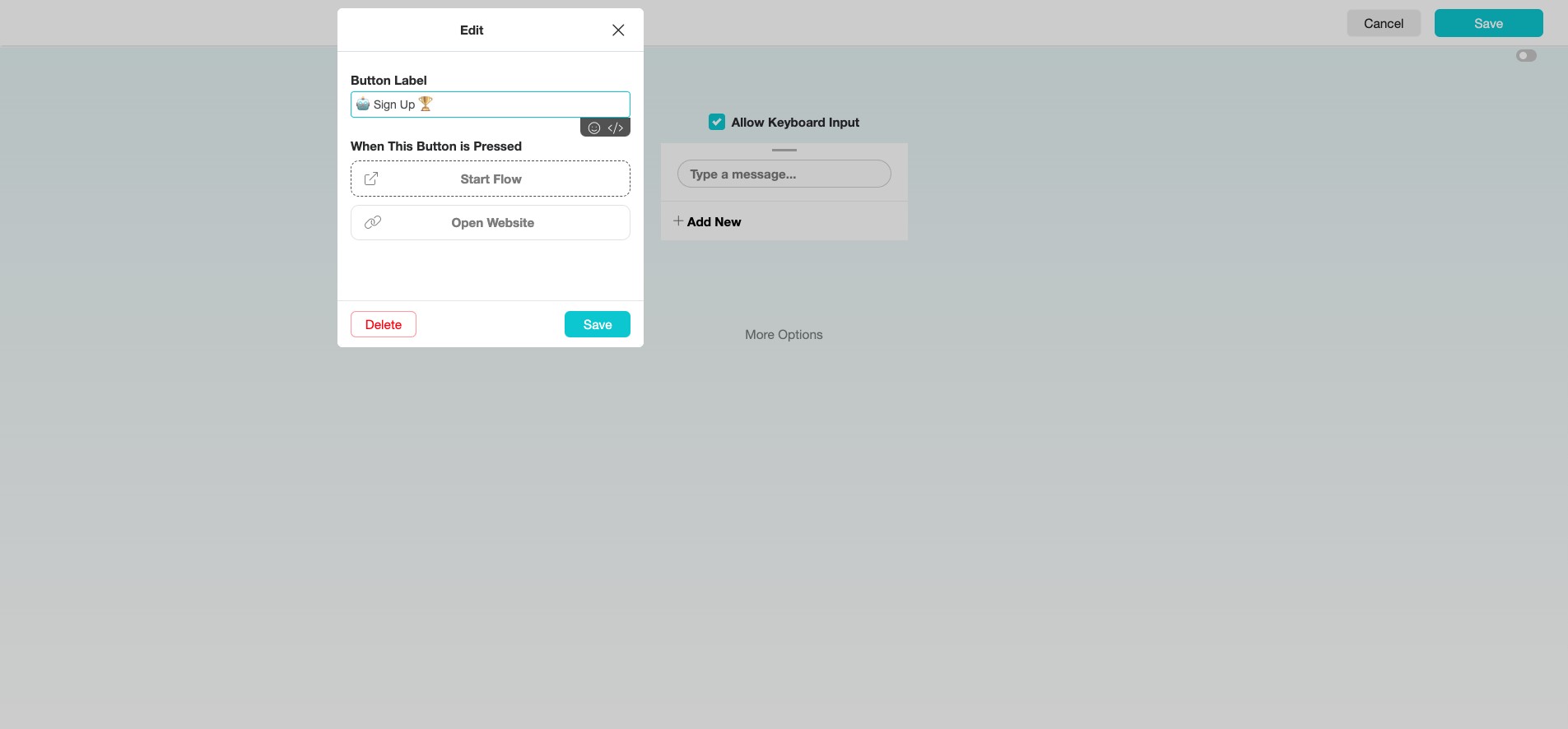 Select either "Start Flow" to trigger a particular SME Bot conversation or "Open Website" to redirect users to an external link when this button is pressed.