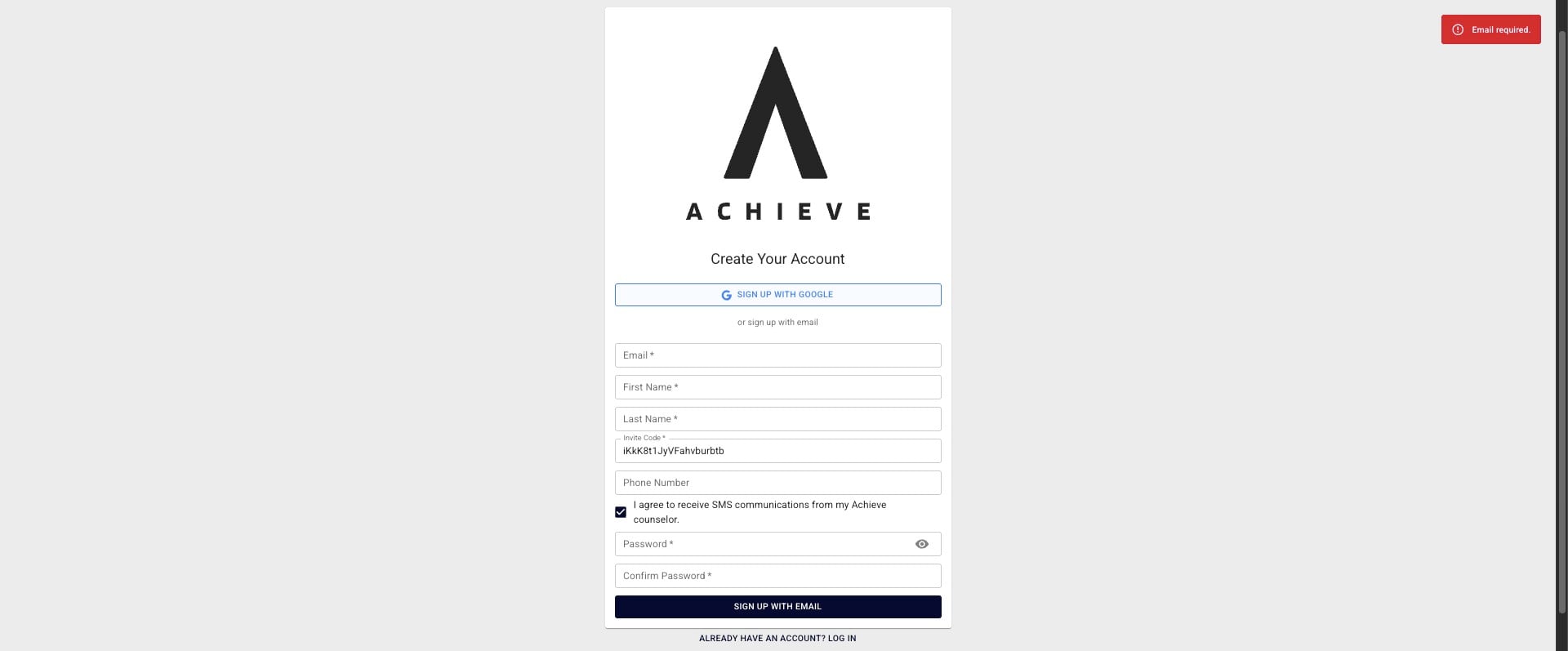 Alternatively, you can click on **Sign Up With Google.** Please note, your student will need to enable pop-ups on their browser and follow through with filling out all of the information in the pop up to use **Google Single Sign On**.