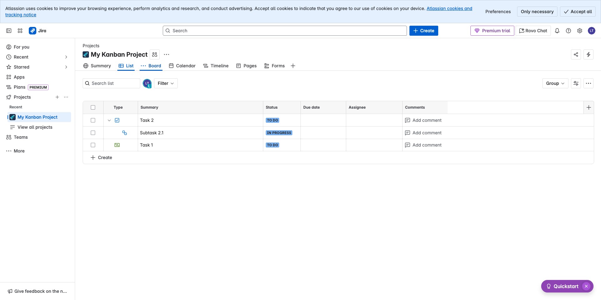 Your project should be created now, the default view is a List however Click on "Board" to also have a board view.