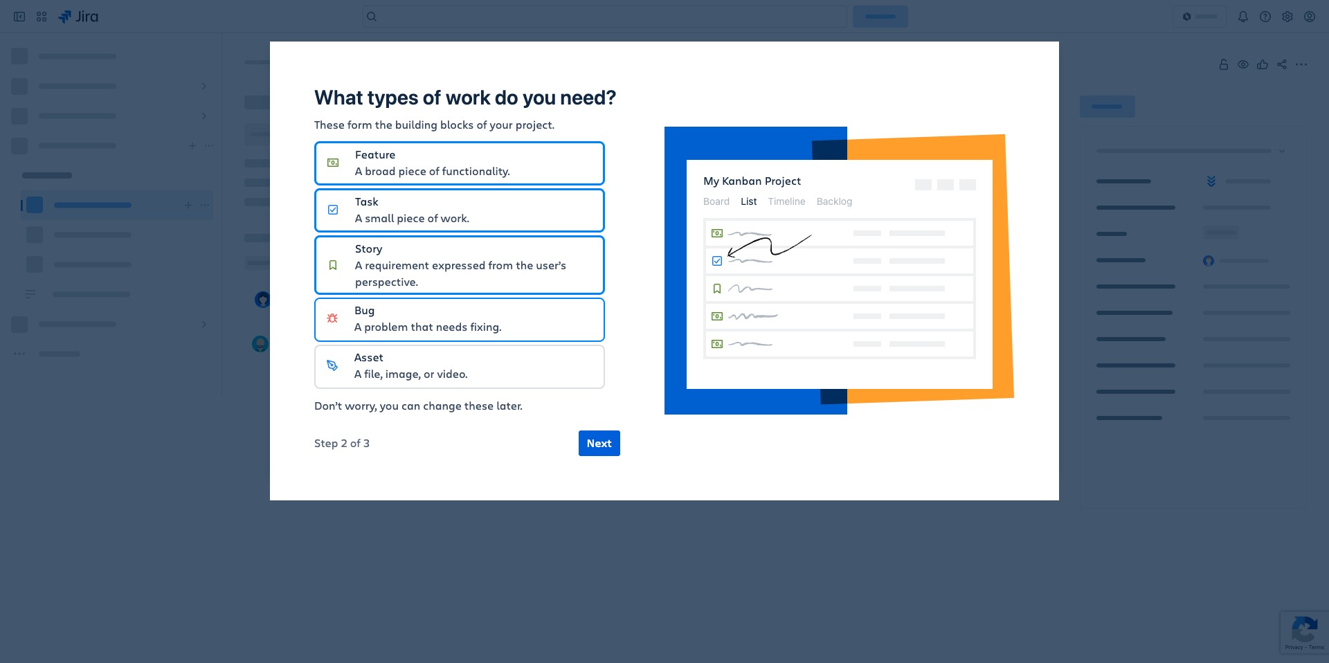 You can select the four different types of tasks highlighted below. Each of them serve different functions