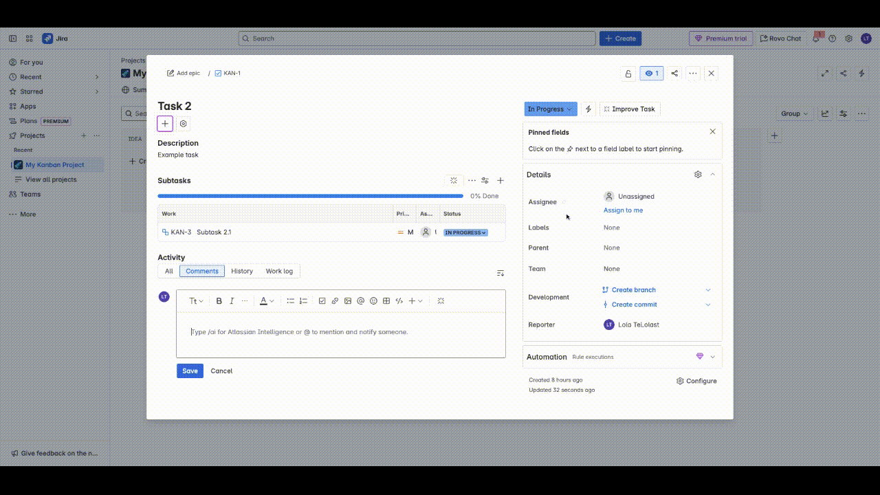 Each field on the details panel represents specific details needed to keep track of the project work e.g the Assignee field is needed to represents who will execute on a task, the Development field represents how the teams will link a Repository where they have committed their piece of code to.