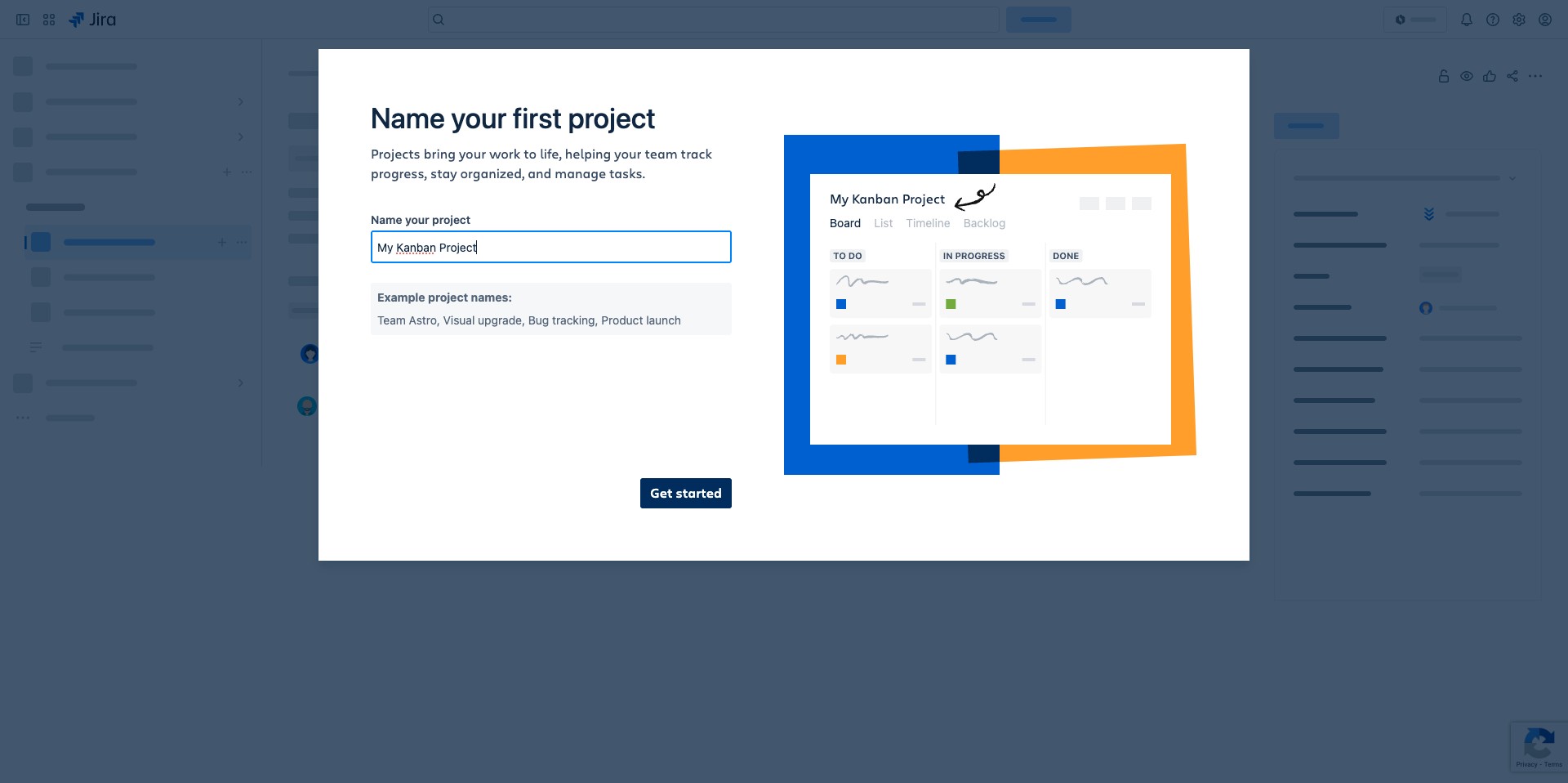 Name your project what you'll like and Click on "Get started"