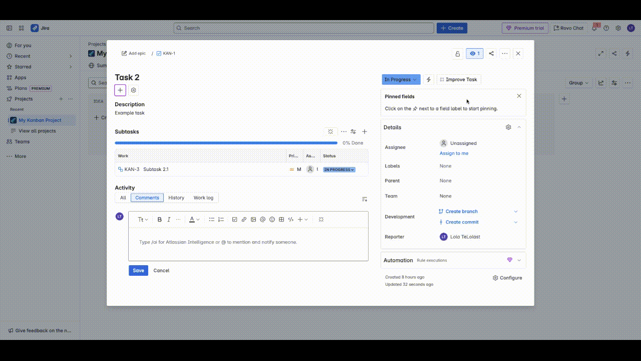 You can also move a task from one swimlane to another by clicking on the field at the top right, this will allow you move the task to the next status.