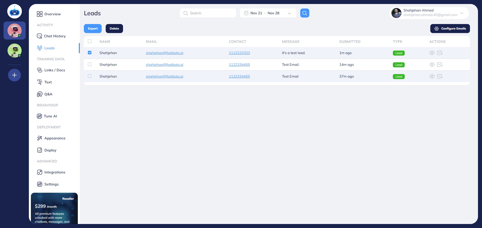 If you want to see the chat history of this lead, click on the "View Chat" icon to see the complete chat this user had with the bot.