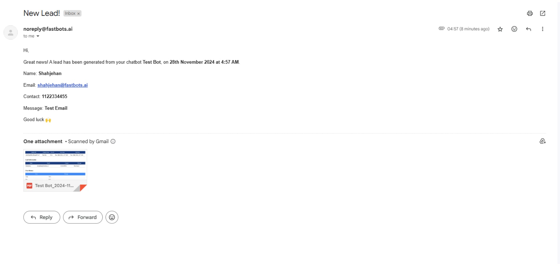 As soon as you submit the lead, the lead information will also be sent to the email that you have configured. This is what the email looks like.