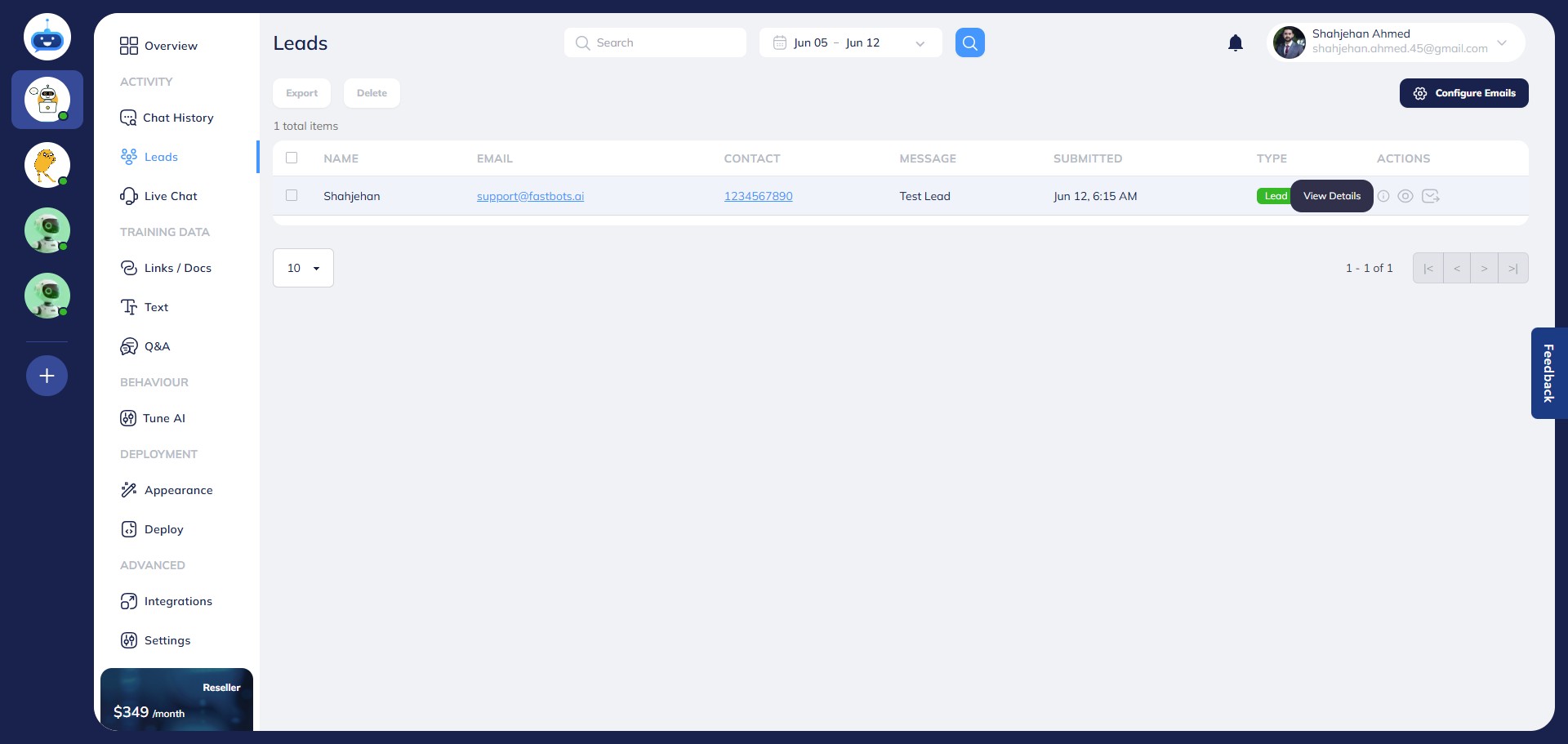 Now, whenever a user submits the lead collection form, the chatbot will store the lead information on the leads page. To see the lead details, go to the Leads page and click on the "View Details" button.