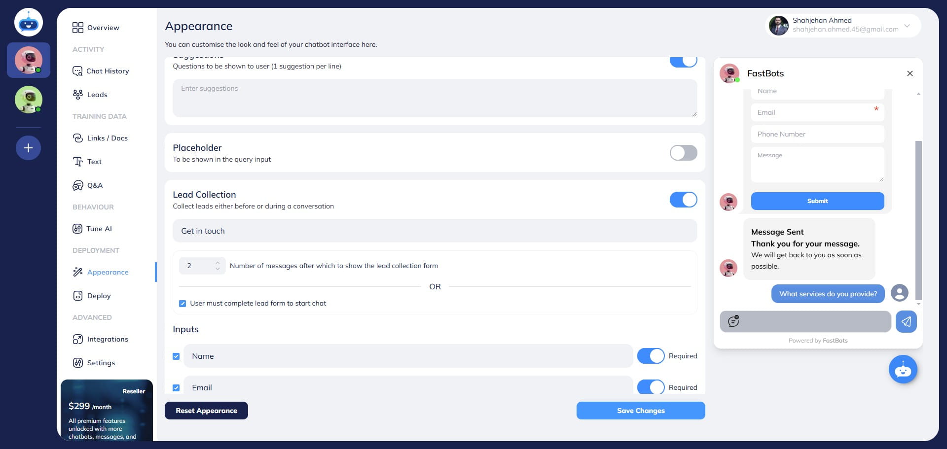 You also have the option to make the lead collection form mandatory for all users by requiring them to complete it at the start of the conversation. If you select this option, users won't be able to interact with the bot until they fill out and submit the form. Once the form is completed, they can proceed to ask the bot their questions.