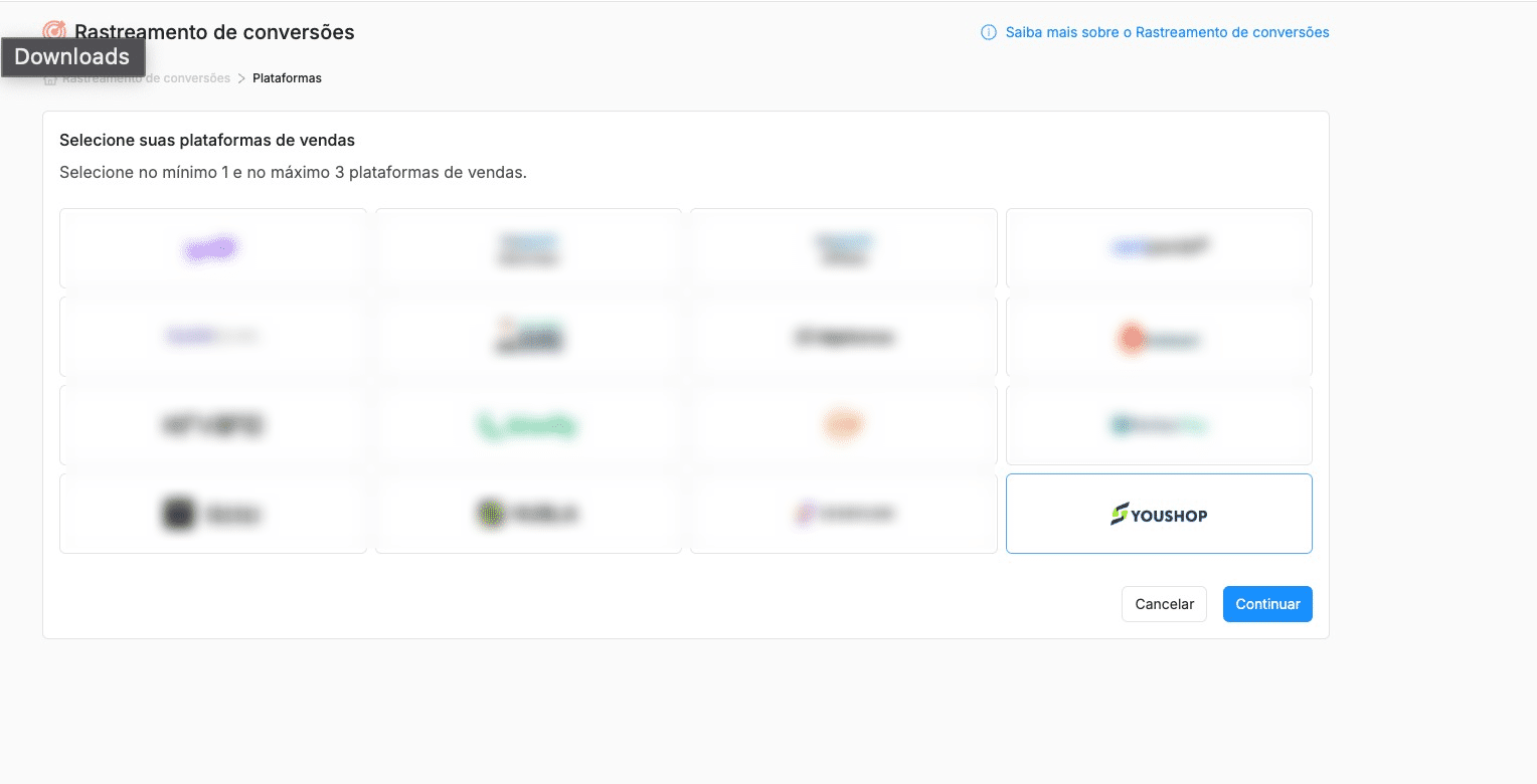 Selecione a plataforma YouShop.
Depois, escolha o parâmetro que será utilizado para o rastreamento.