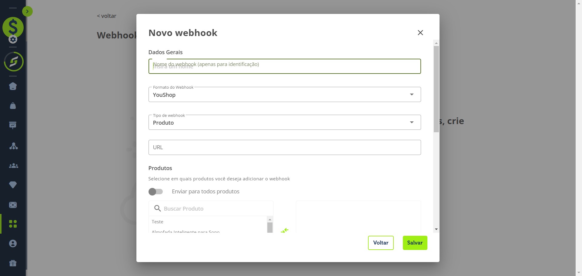 Informe um nome para o webhook (apenas para identificação interna).
