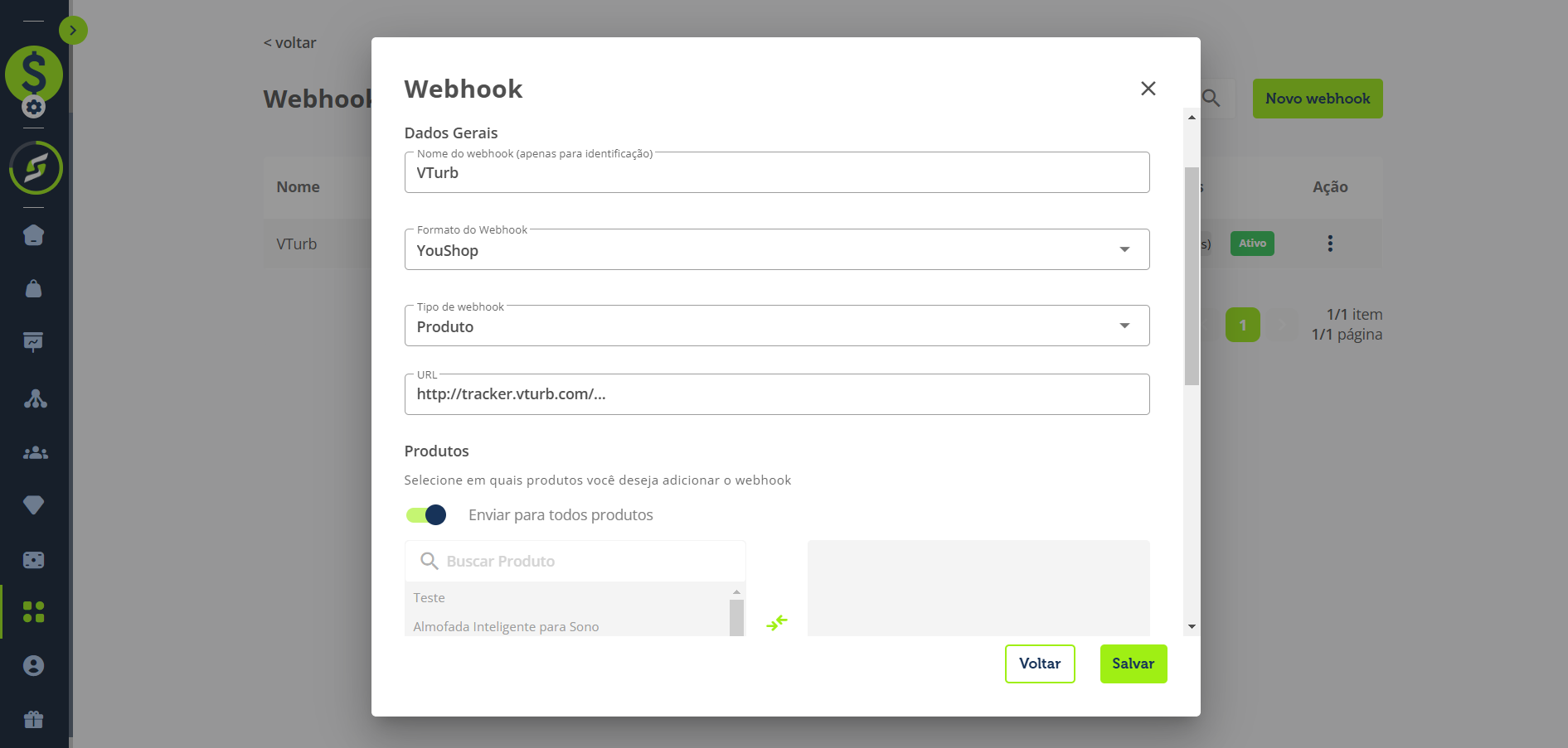 Insira a URL de destino do webhook.