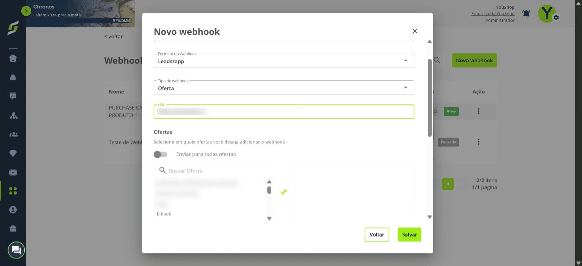 Escolha se o webhook será aplicado a todos os produtos ou apenas a um produto específico.